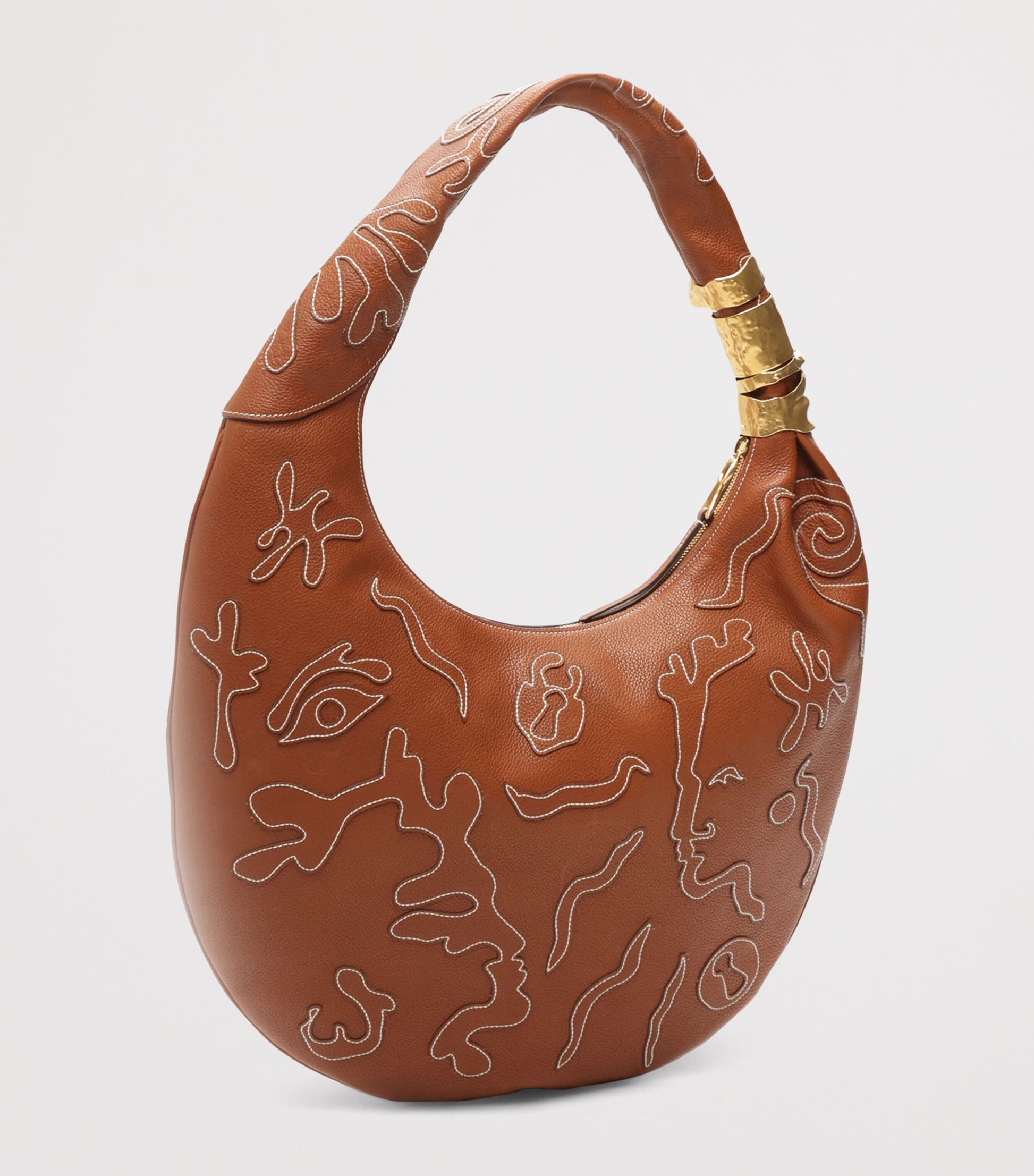 Large Leather Embroidered Soufflé Shoulder Bag 806 CARAMEL