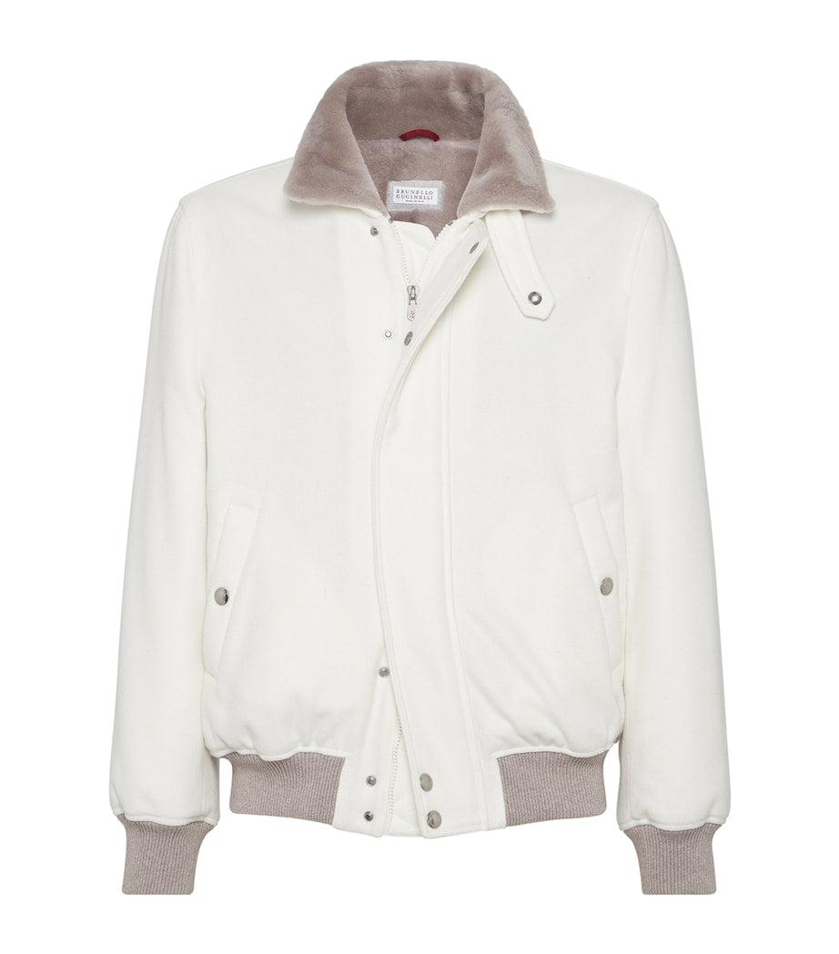 Brunello Cucinelli White Cashmere Aviator Jacket