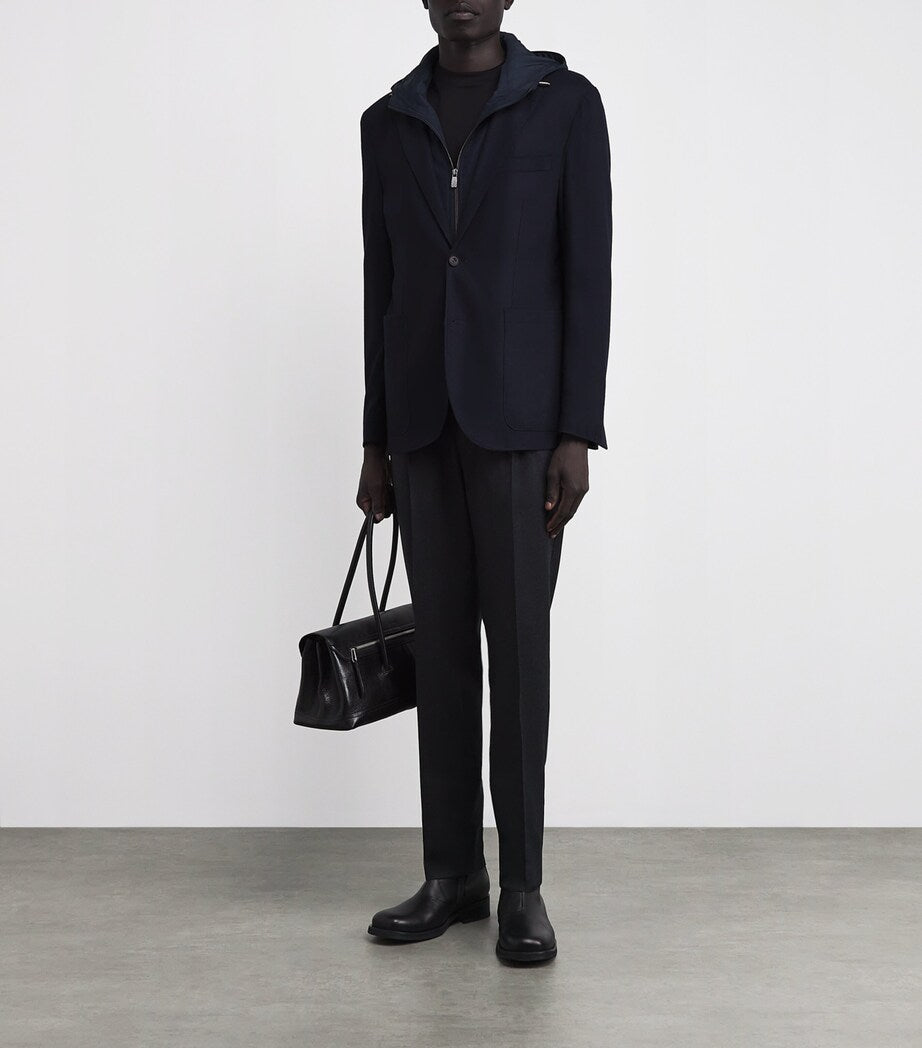 Navy Hooded Wool-Blend Blazer