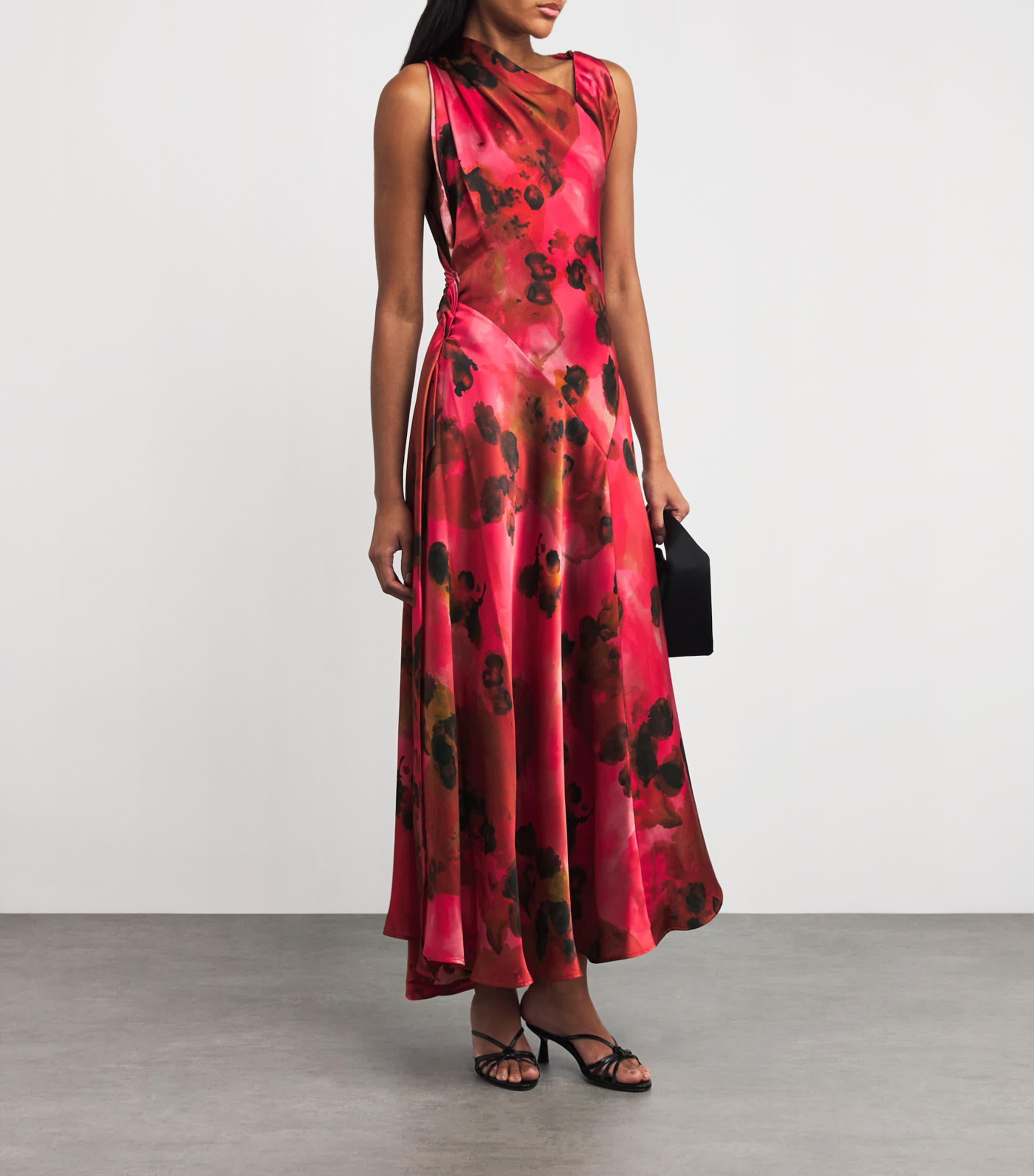 Victoria Beckham Red Silk Floral Draped Midi Dress