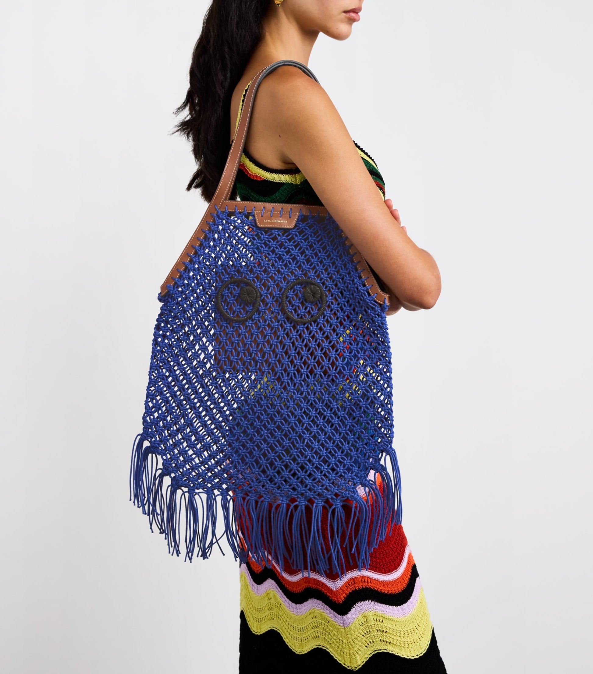 Anya Hindmarch Blue Macrame Fringe Eyes Tote Bag