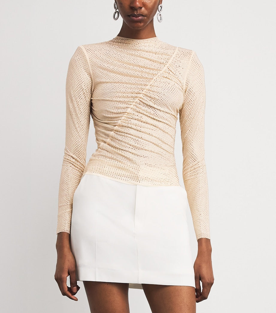 Self-Portrait Beige Embellished Gathered Top