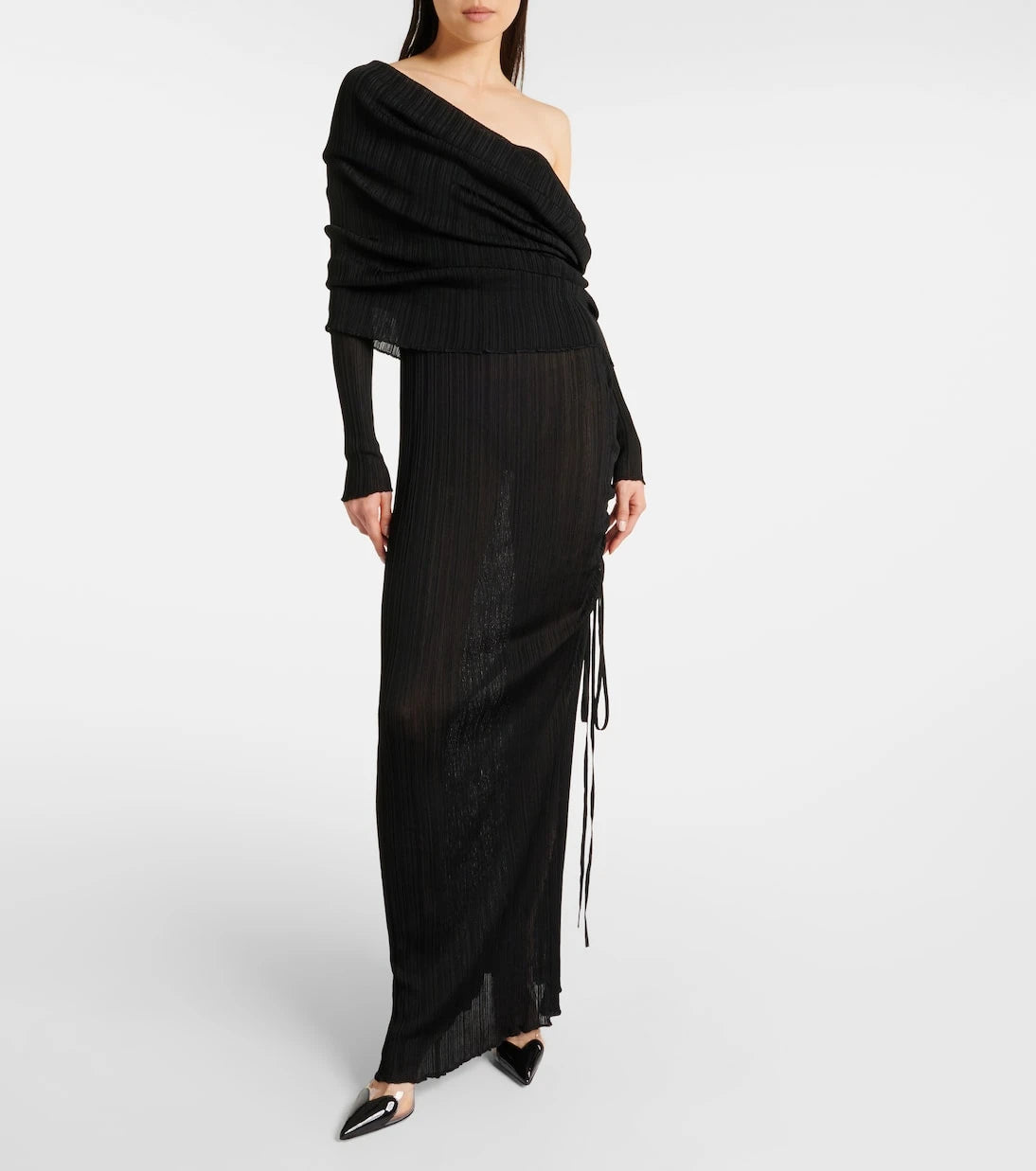 Alaïa - فستان ماكسي مكشكش مكشوف الأكتاف