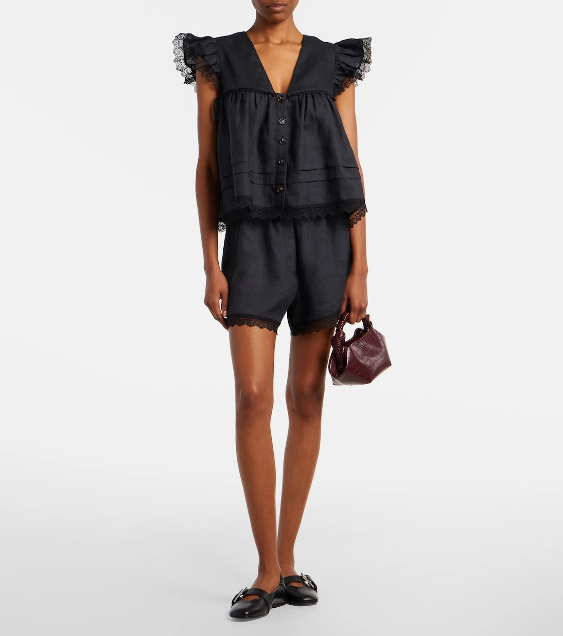 Ganni - Lace-trimmed linen top
