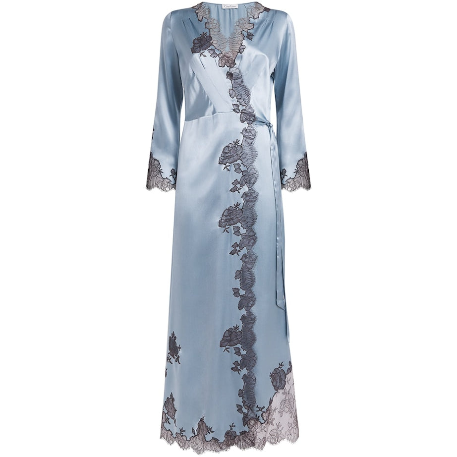 Silk Lace-Detail Long Robe BLEU GIVRE/EBEN