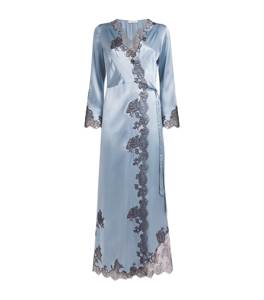 Silk Lace-Detail Long Robe BLEU GIVRE/EBEN