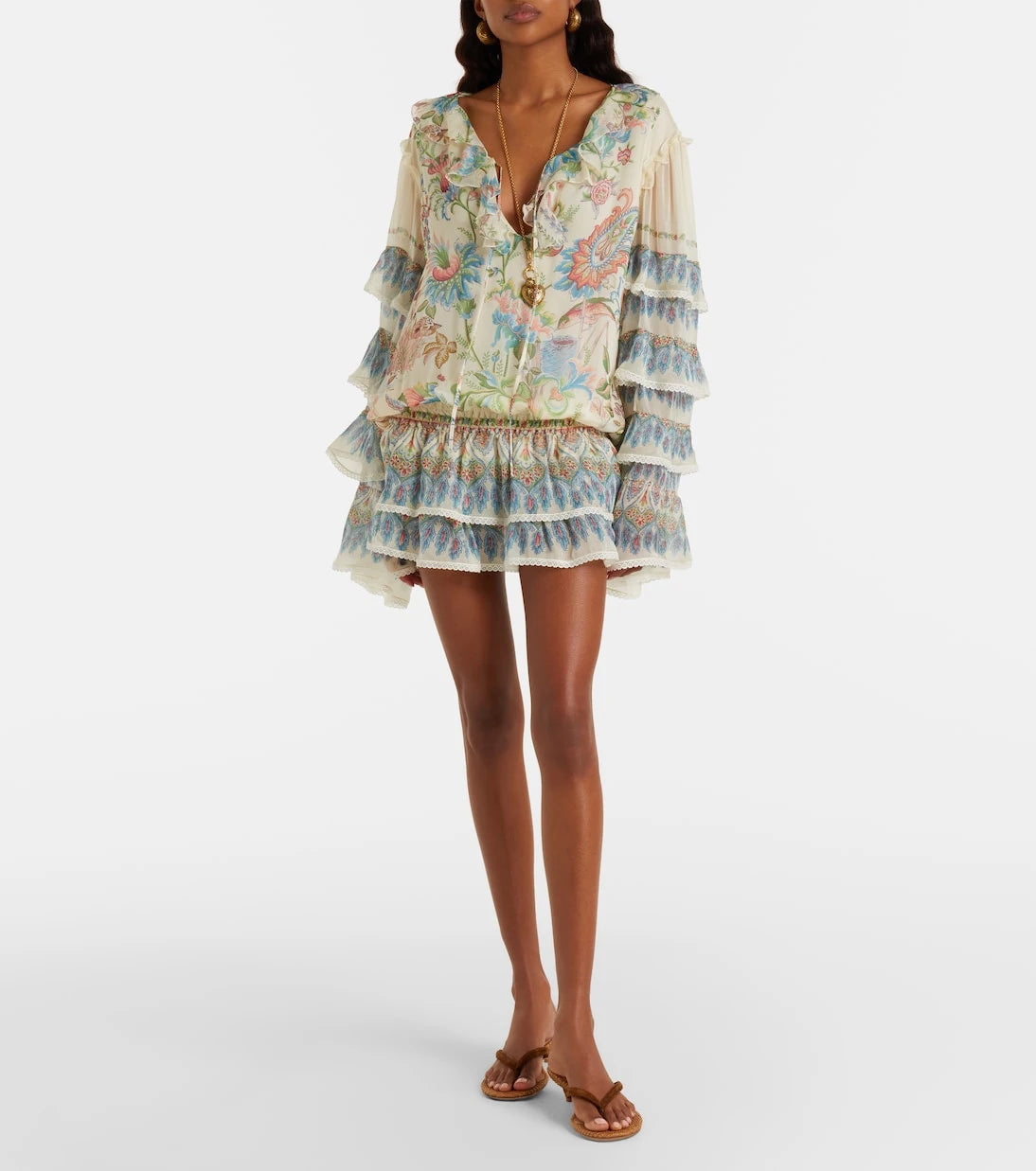 Etro - Printed ruffled lace-trimmed silk minidress
