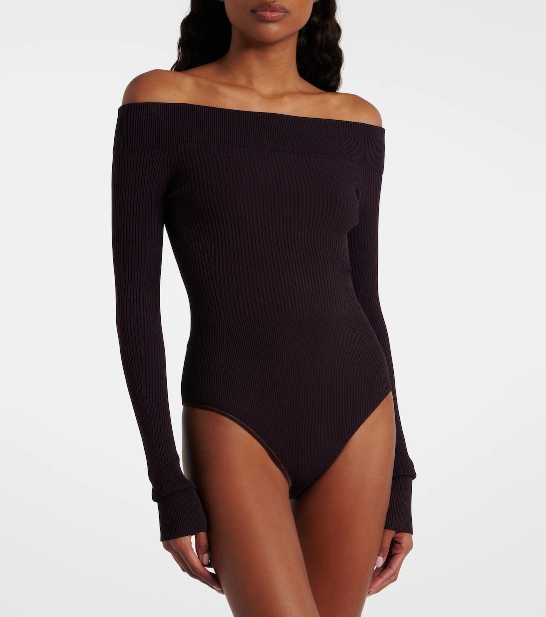 Alaïa - Ribbed-knit off-shoulder bodysuit