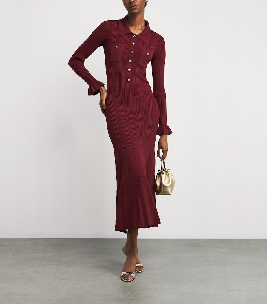 Self-Portrait Burgundy Rib-Knit Midi Dress