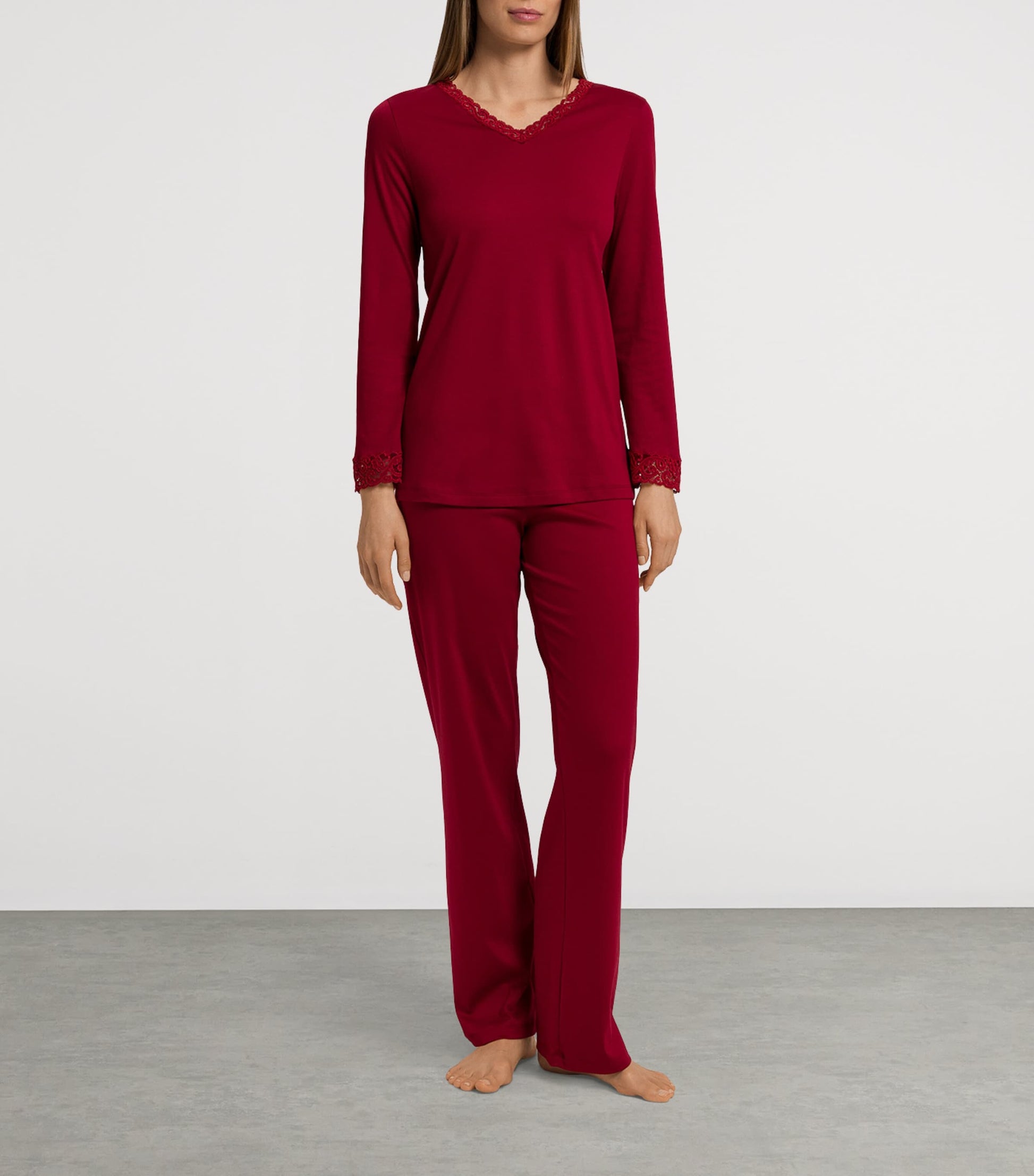 Red Cotton Lace-Trim Pyjama Set