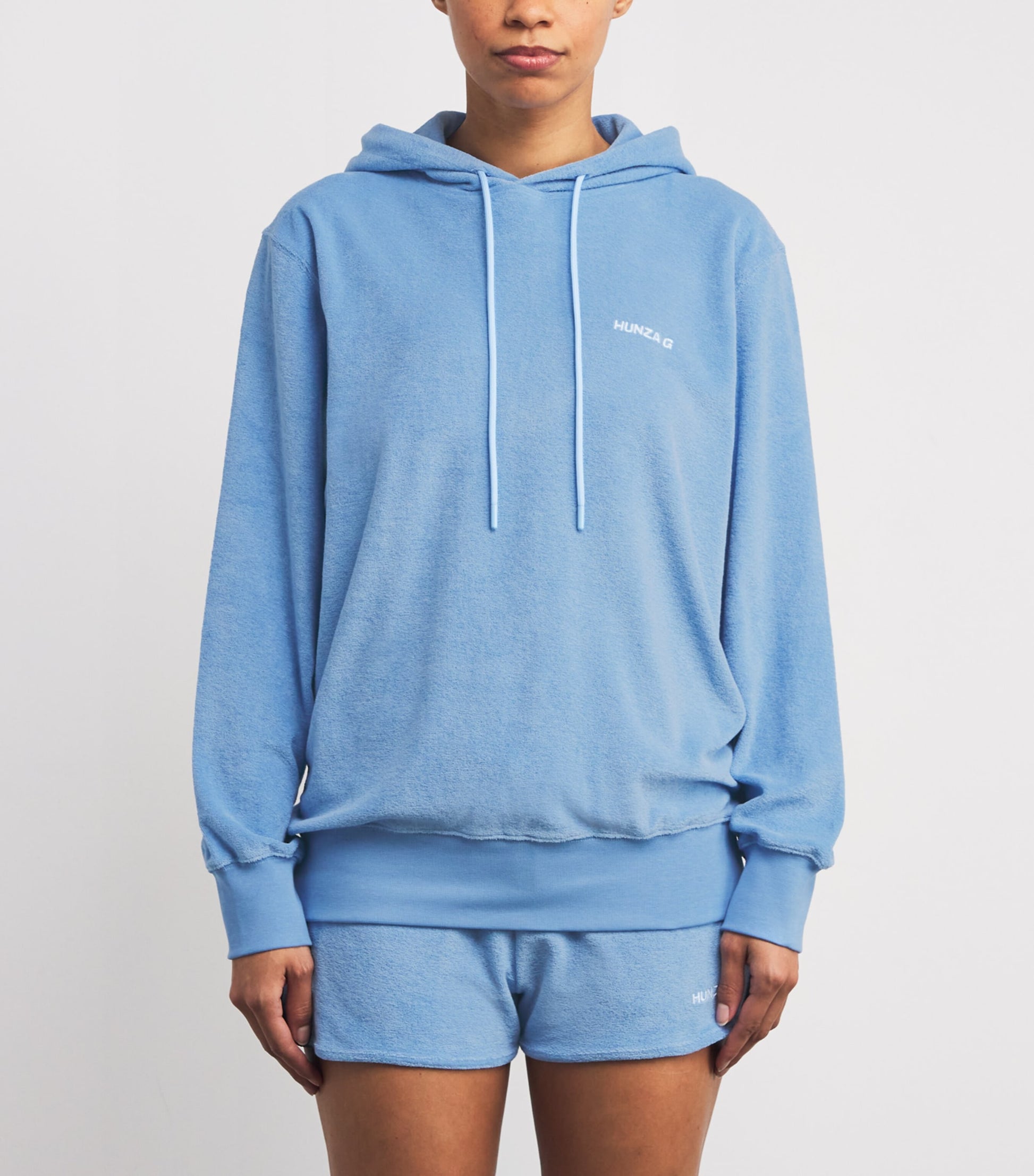 Hunza G Blue Cotton Terry Towelling Hoodie