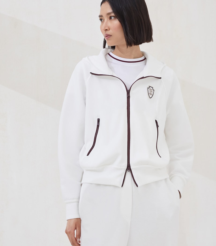 White Techno Cotton Piqué Zip-Up Hoodie