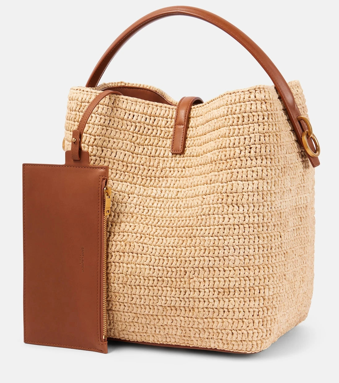 Saint Laurent - Le 37 leather-trimmed raffia bucket bag