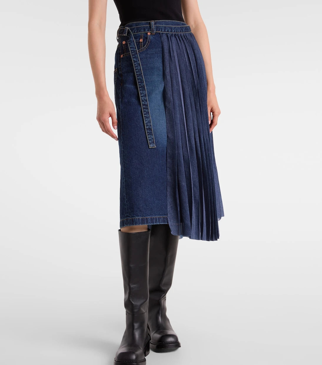 Sacai - Pleated denim midi skirt
