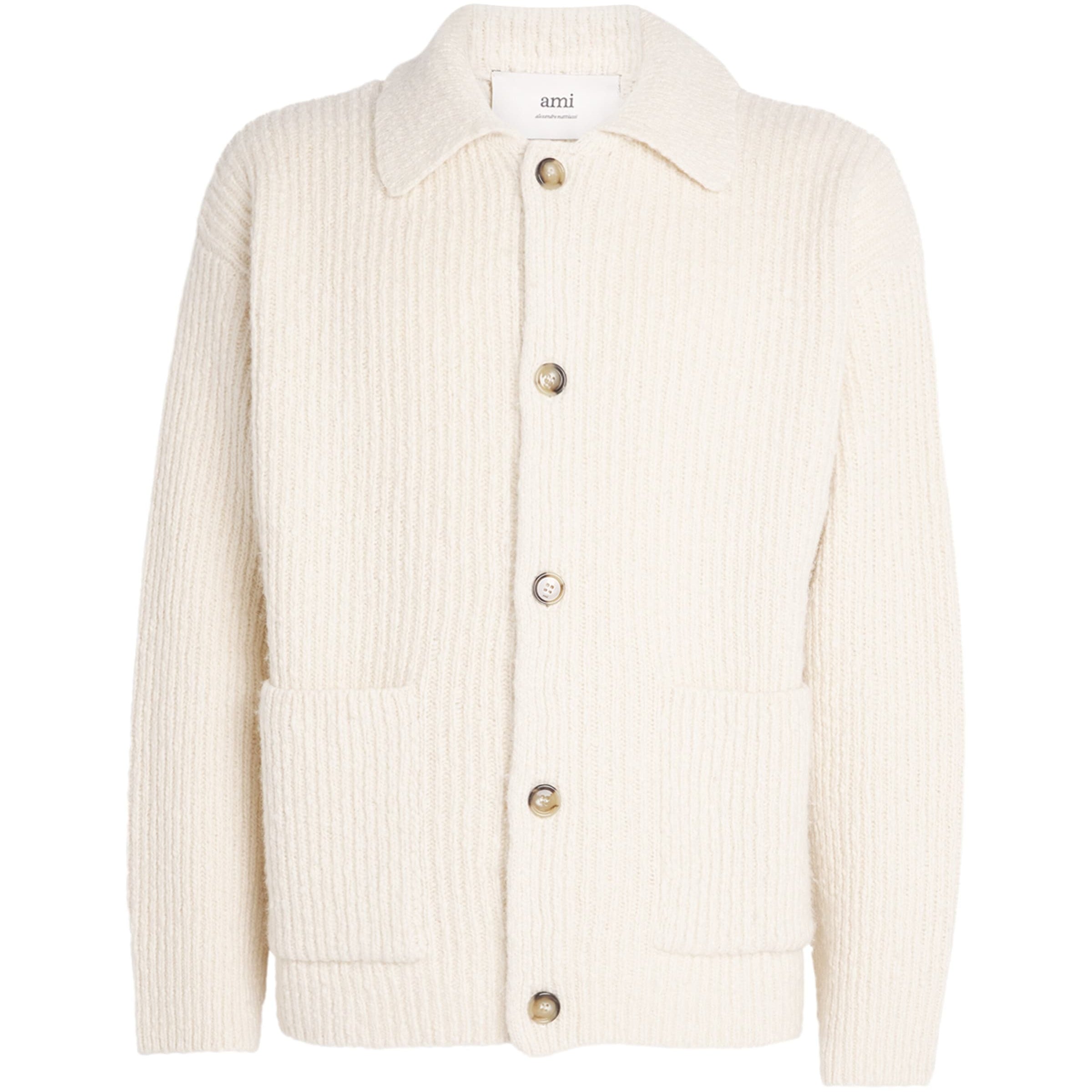 Beige Wool-Blend Rib-Knit Cardigan