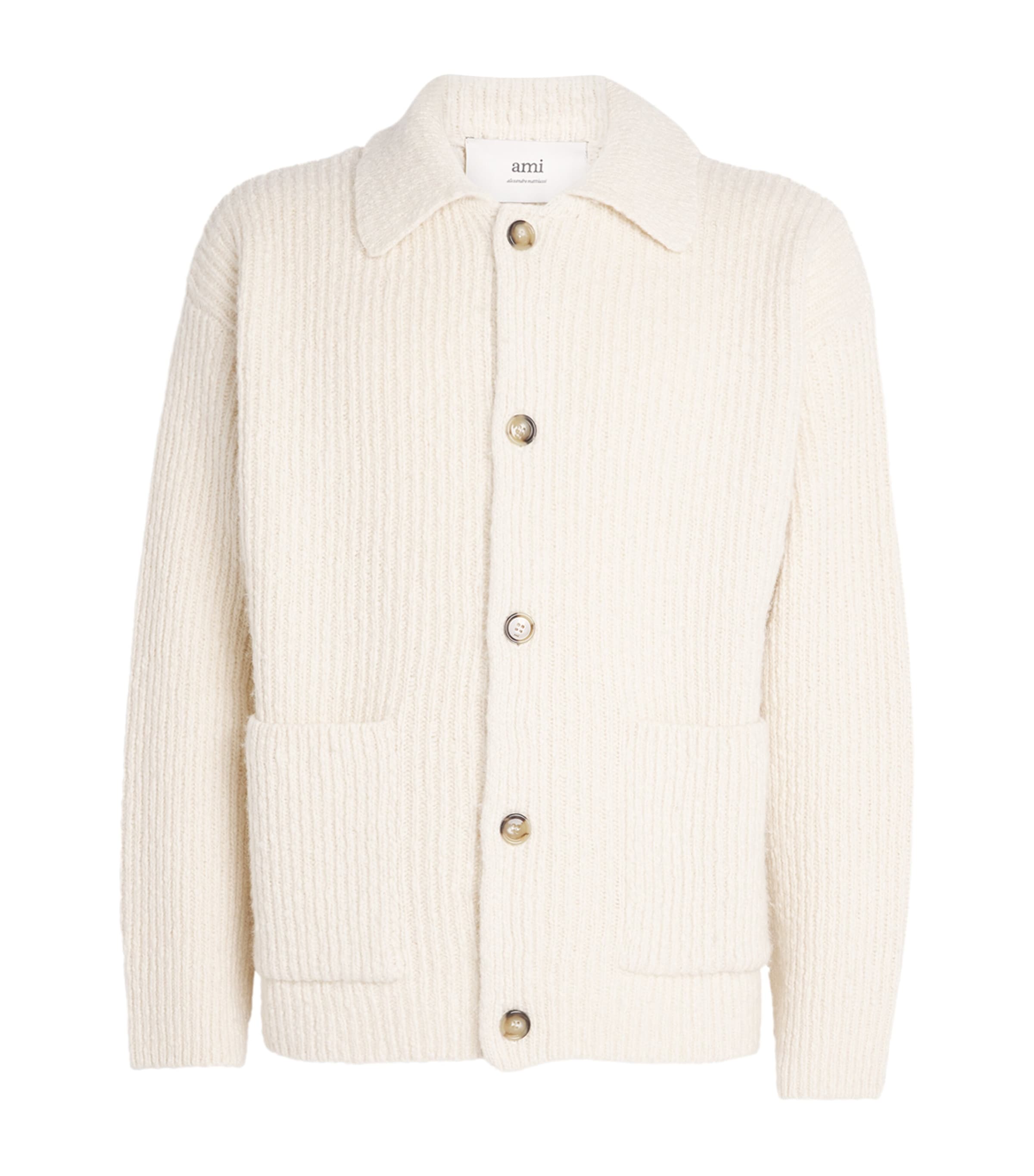 Beige Wool-Blend Rib-Knit Cardigan