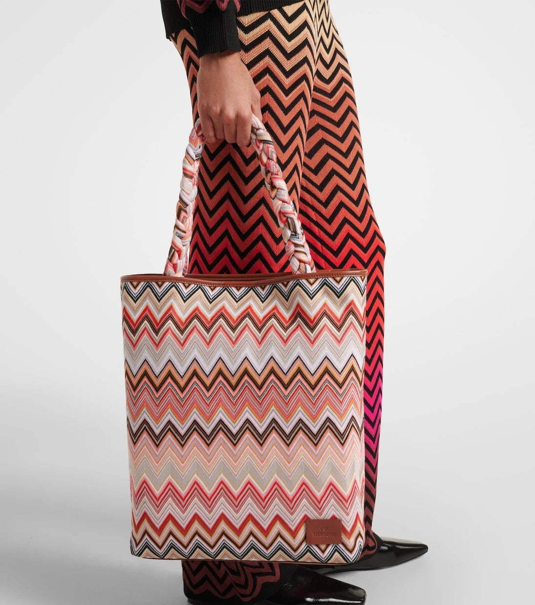 Missoni - حقيبة يد كبيرة Zigzag بحواف جلدية