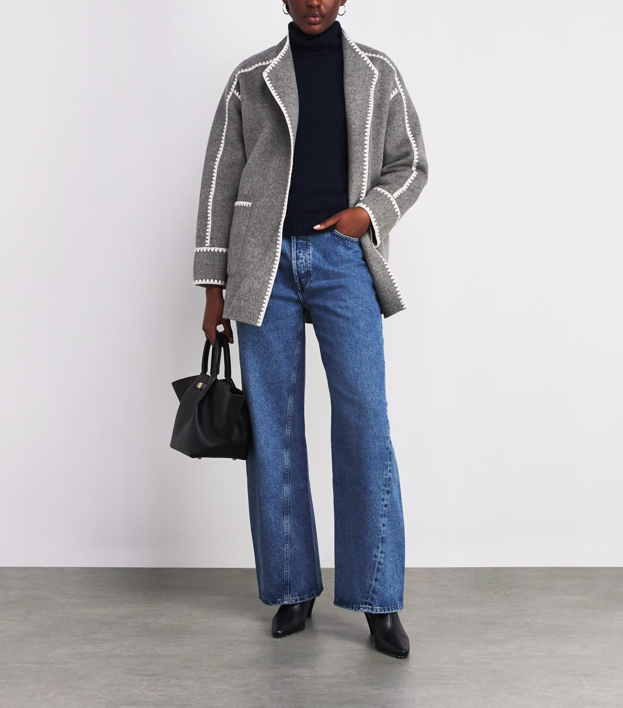 Black Wool-Blend Wrap Coat