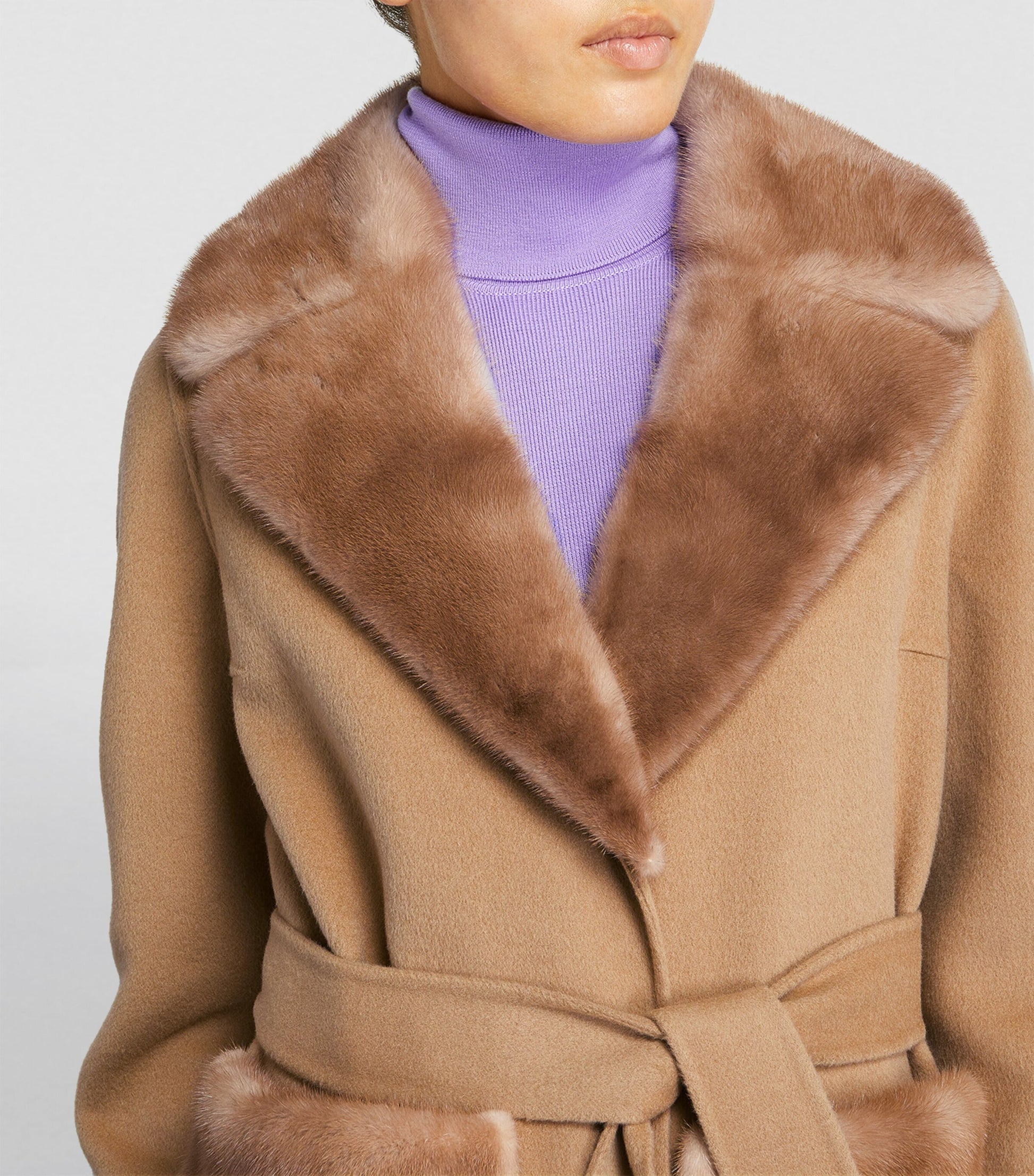 Yves Salomon Beige Cashmere-Wool Fox Fur-Trim Coat