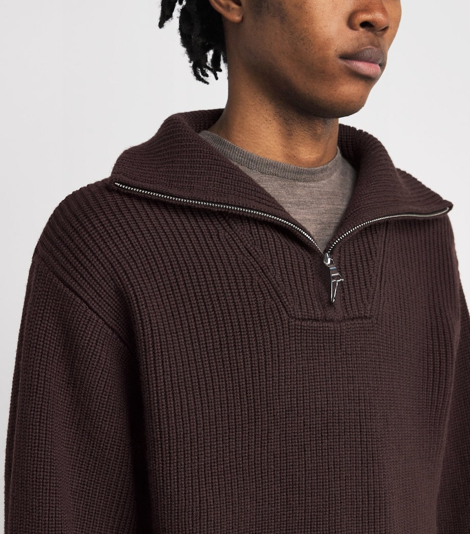 Officine Generale Brown Merino Wool Quarter-Zip Ribbed Sweater