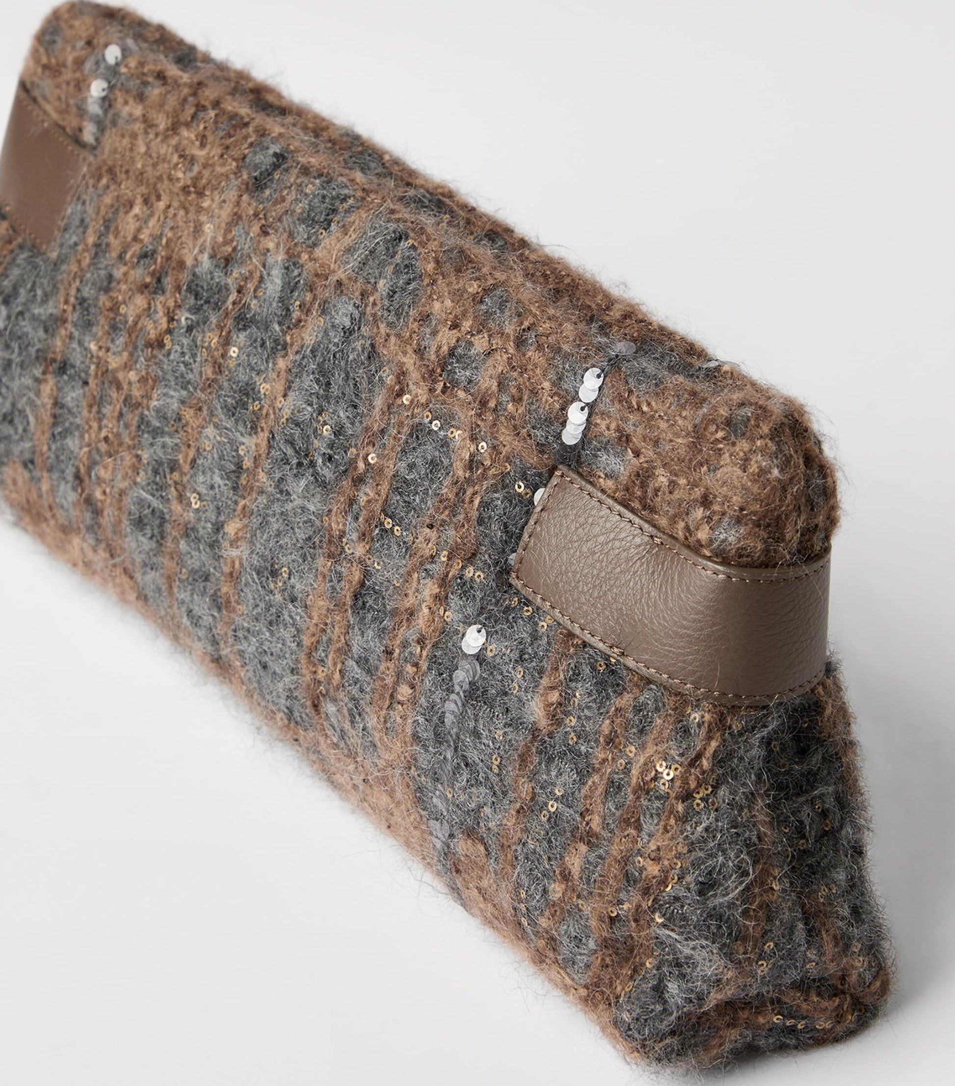 Brunello Cucinelli Grey Wool-Leather Prince of Wales Check Essence Clutch Bag