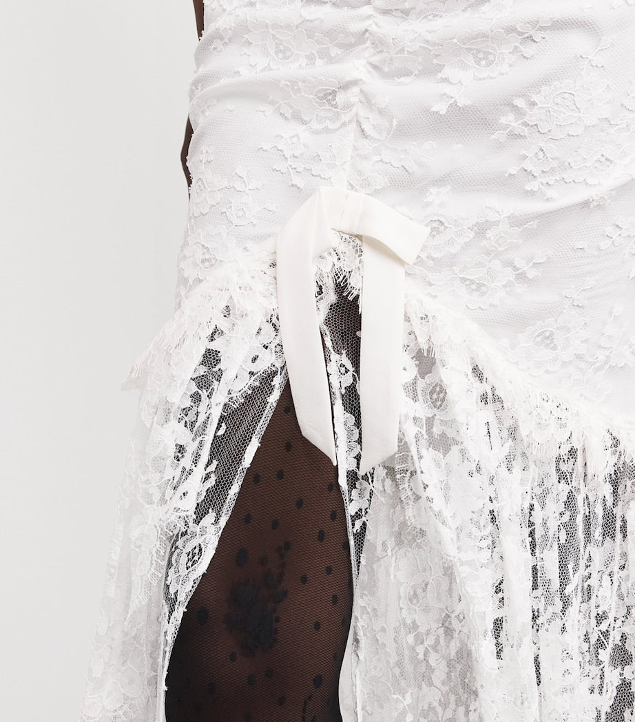 Alessandra Rich White Lace Rose-Detail Maxi Dress