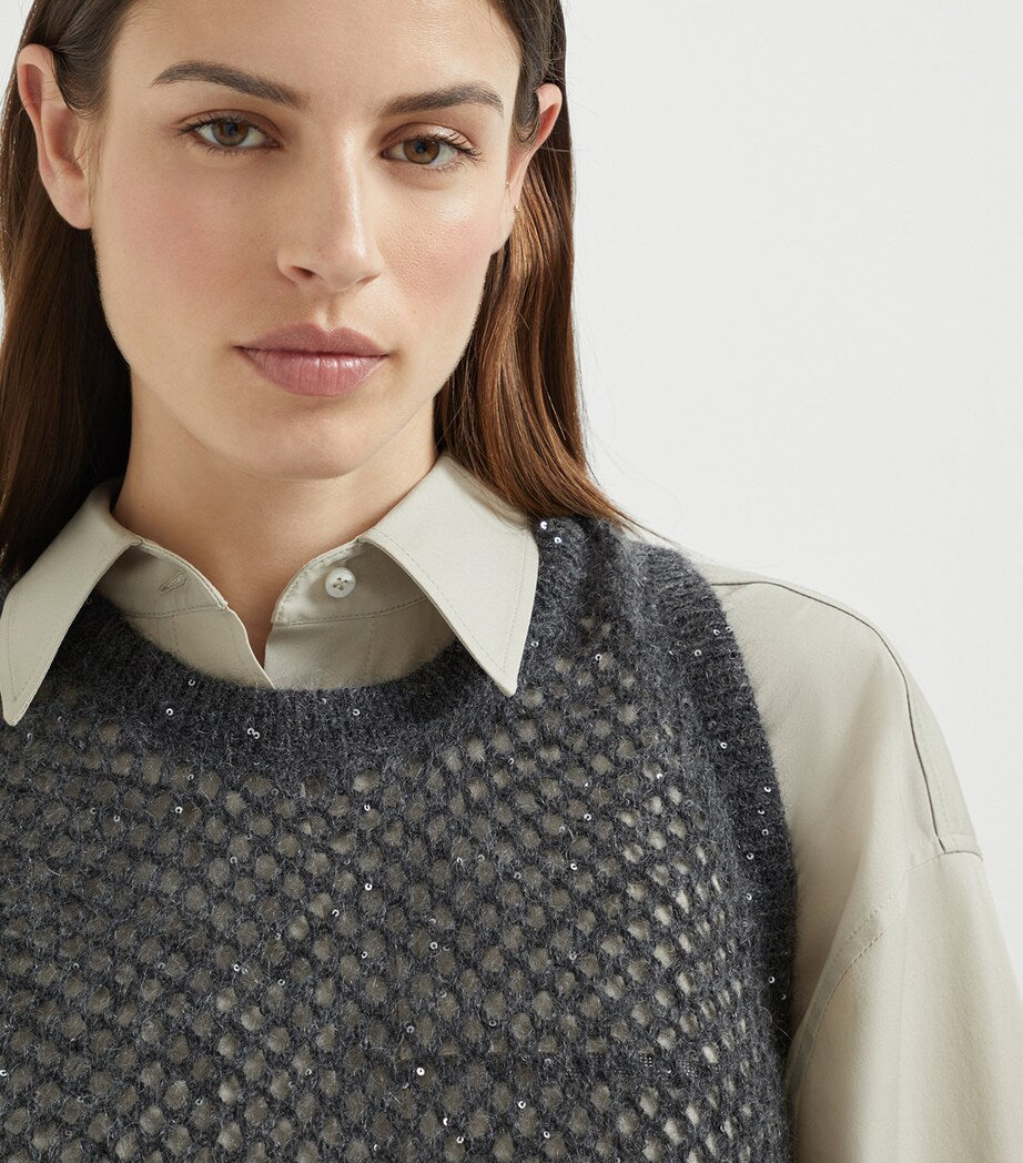 Brunello Cucinelli Grey Dazzling Mesh Knitted Vest