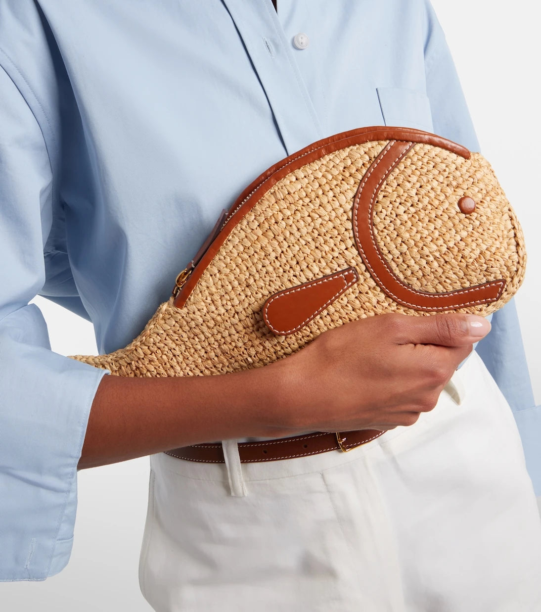 Staud - Pesce leather-trimmed raffia clutch
