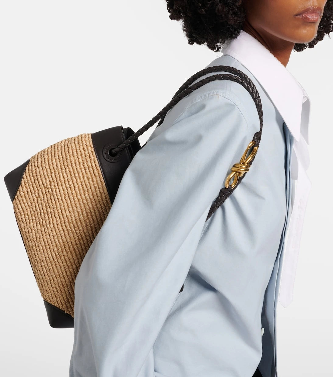 Bottega Veneta - Andiamo Small leather and raffia top-handle bag