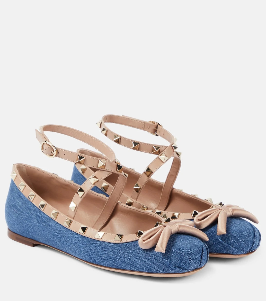 Valentino Garavani - Rockstud leather-trimmed denim ballet flats