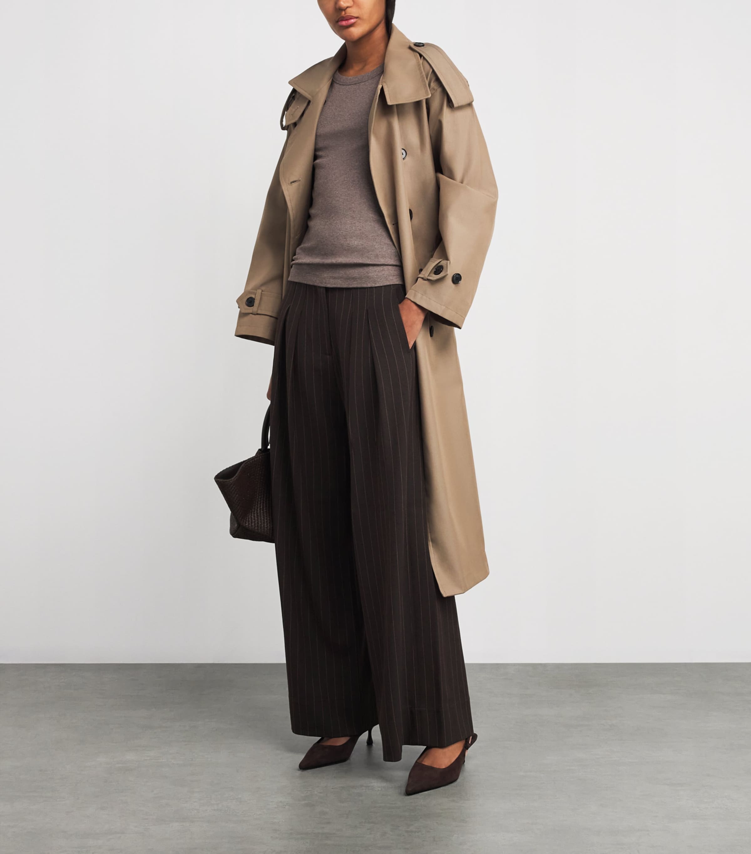 ME+EM Brown Pinstripe Wide-Leg Trousers