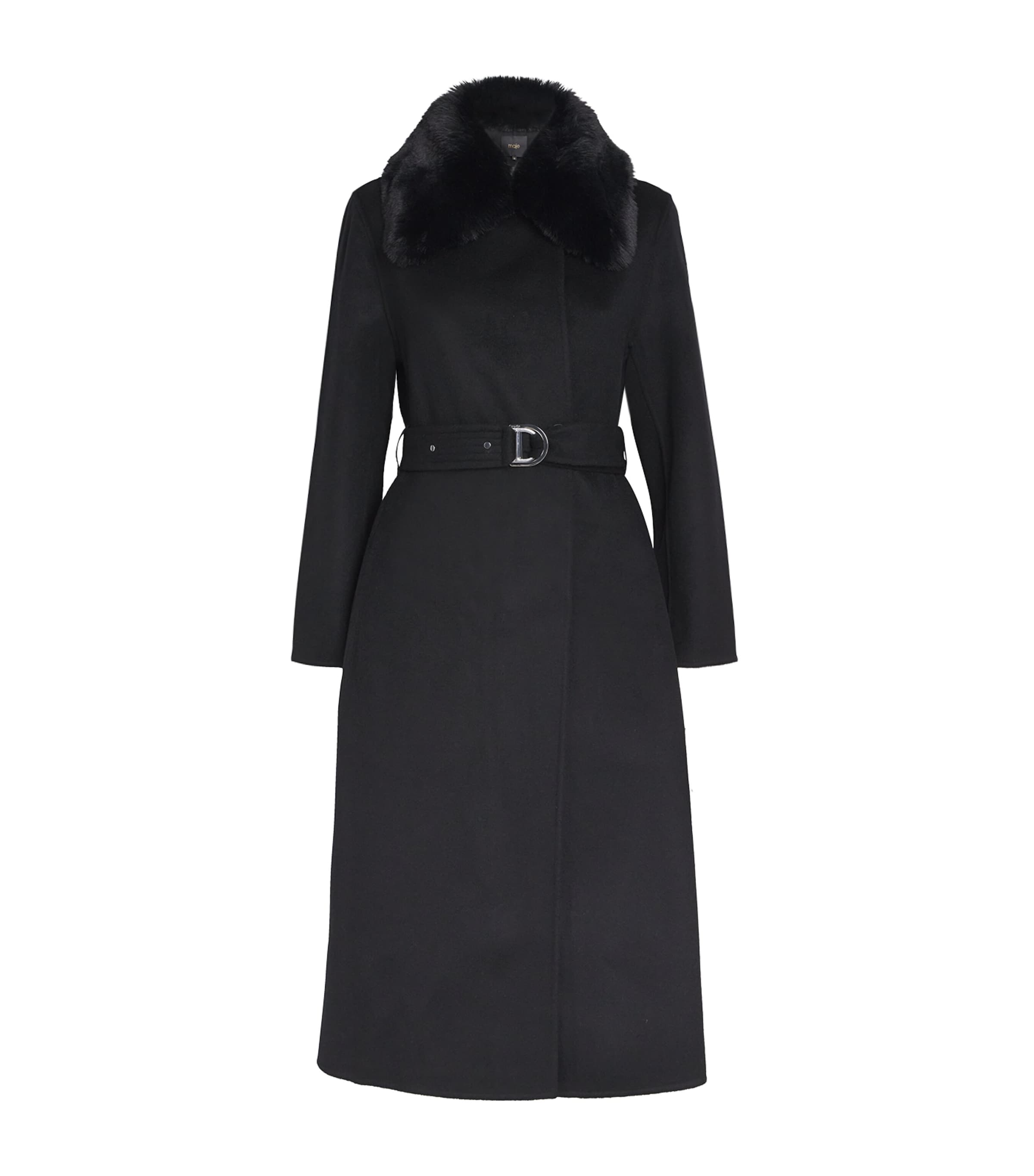 Maje Black Faux Fur-Collar Coat