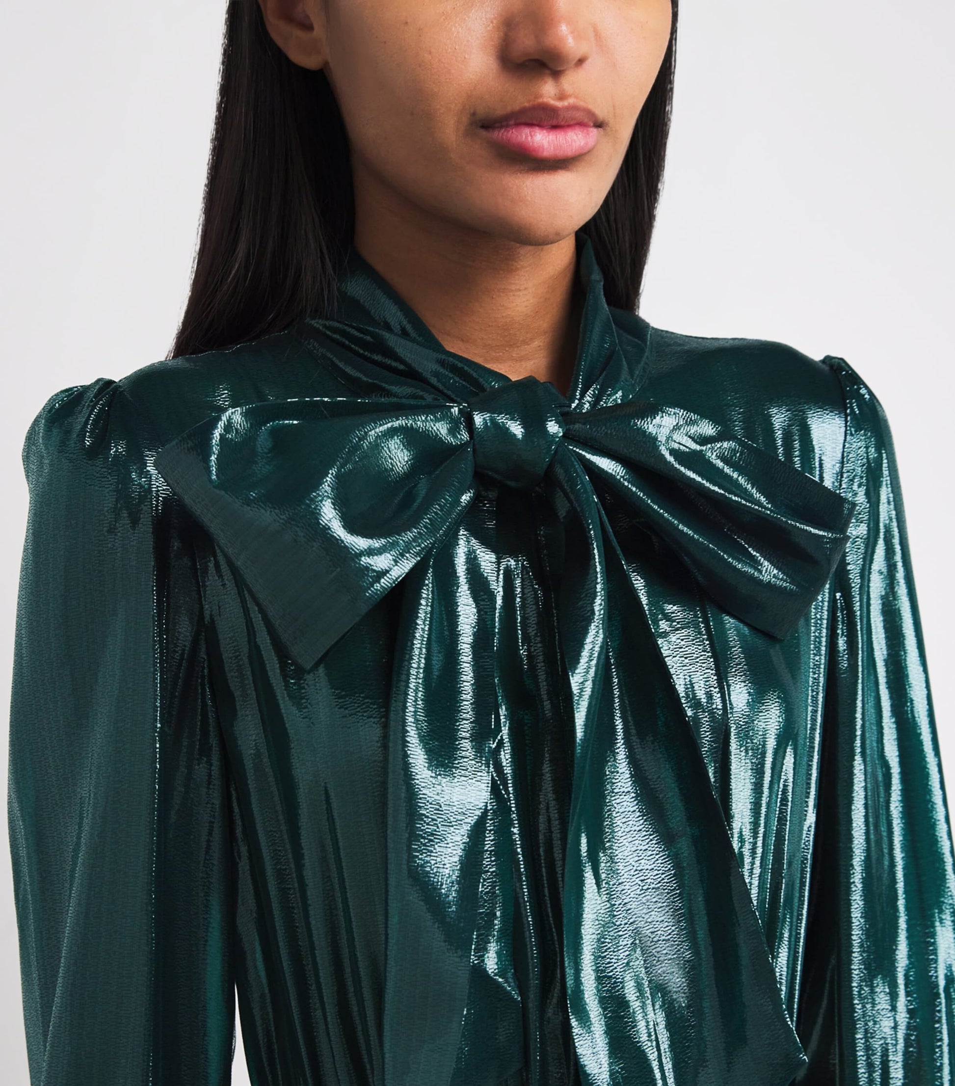 Self-Portrait Green Metallic Pussybow Maxi Dress