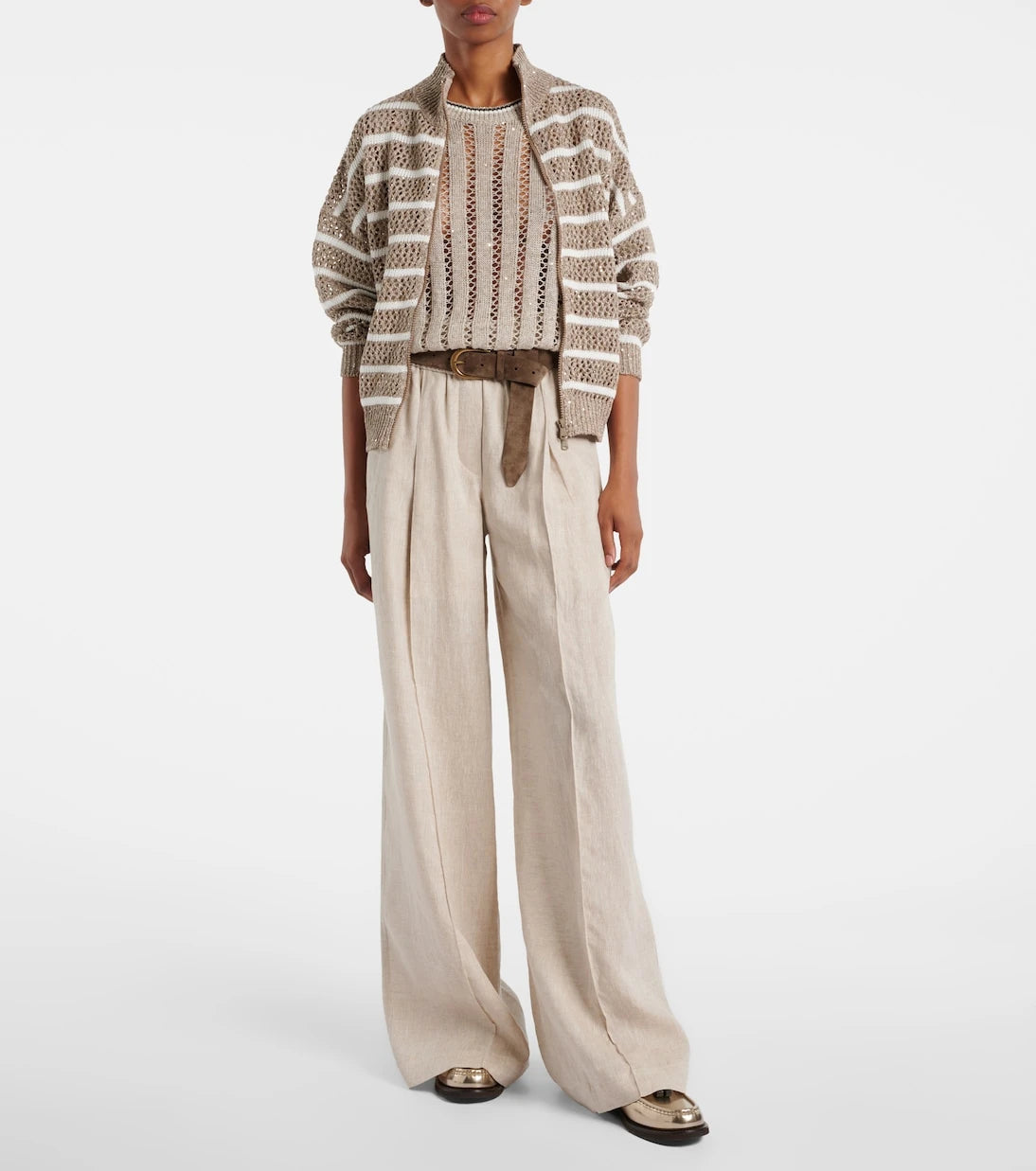 Brunello Cucinelli - Sequined striped linen-blend cardigan