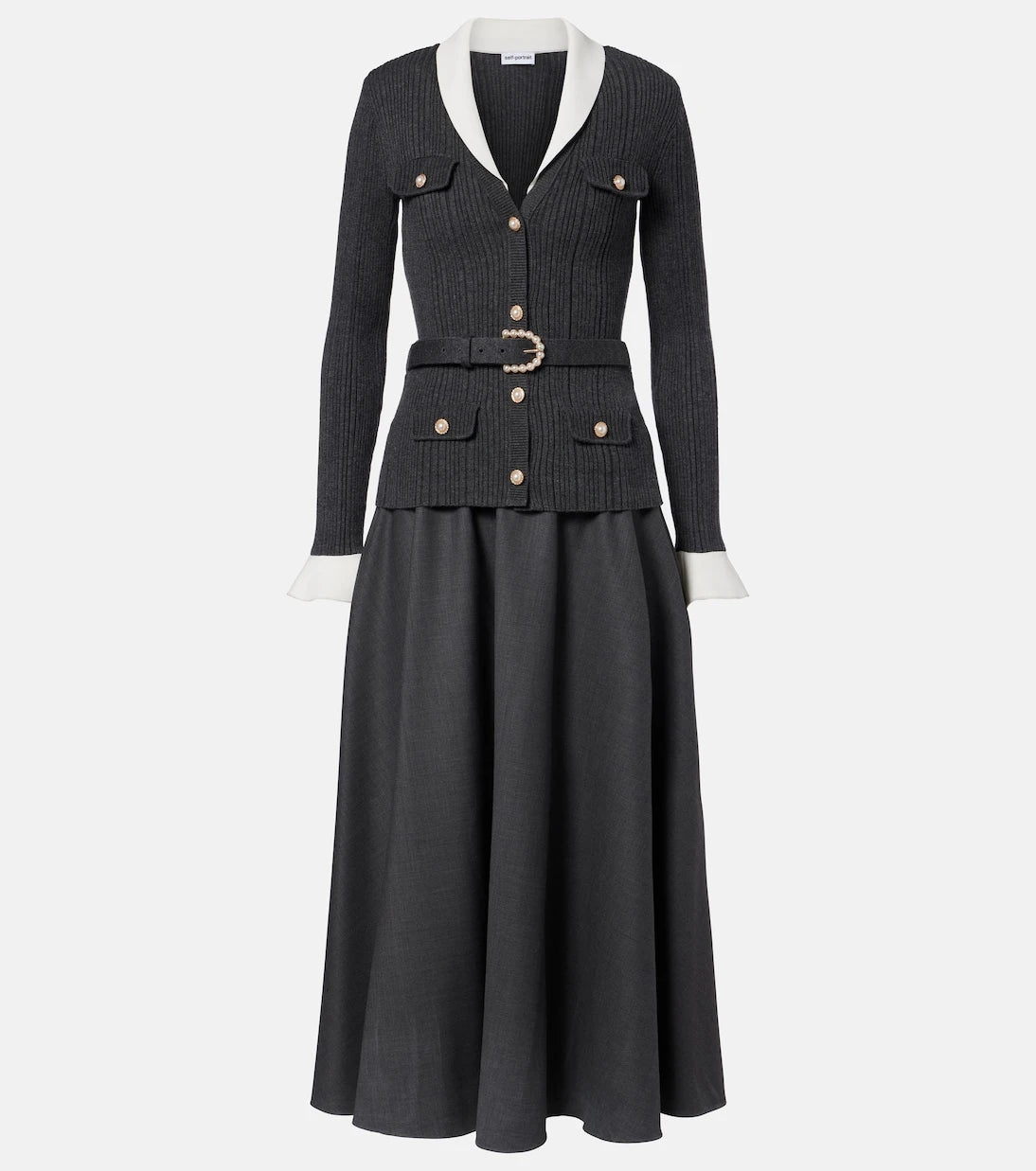 Self-Portrait - Belted ribbed-knit midi dress