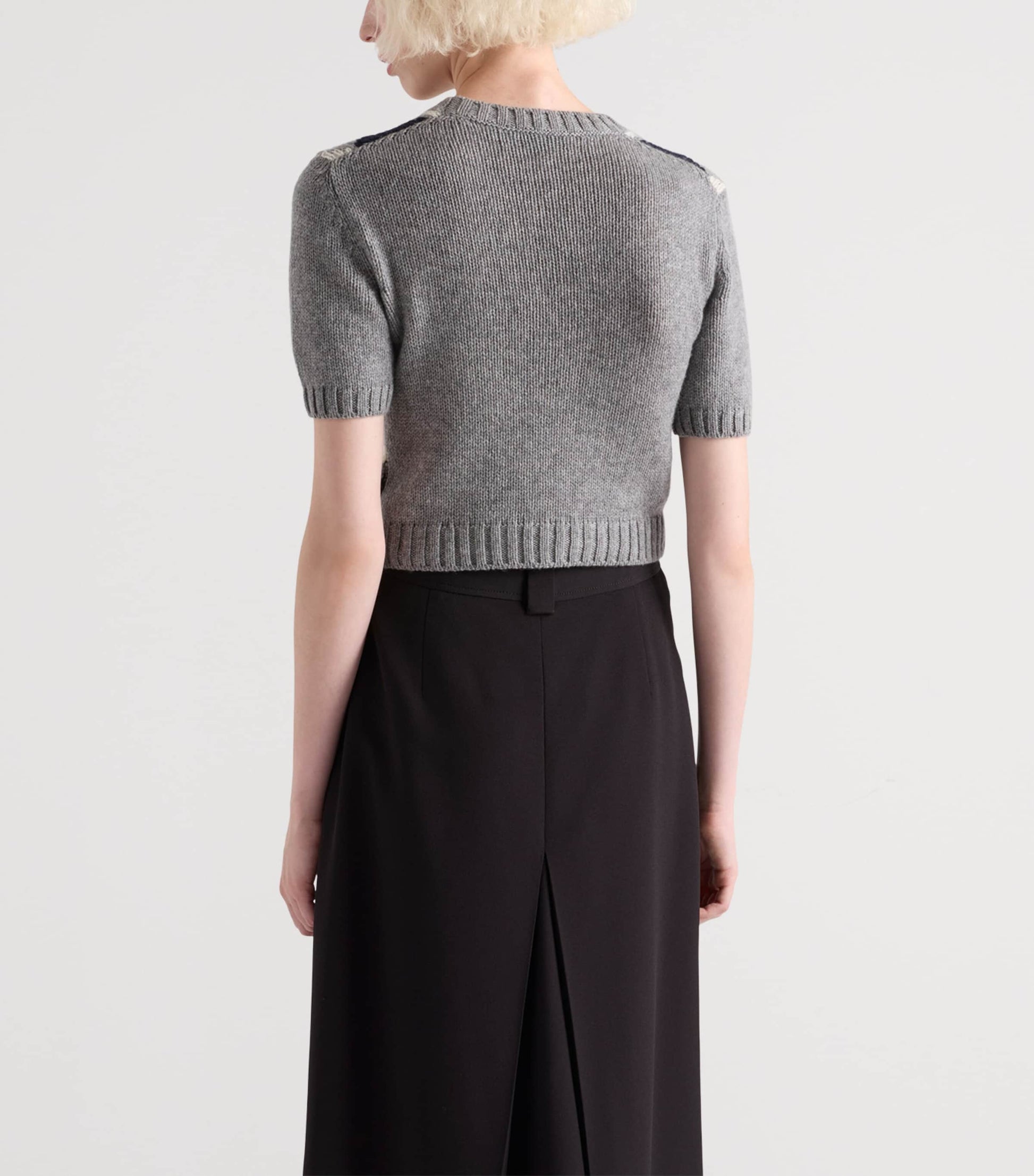 Grey Cashmere Argyle Short-Sleeve Sweater