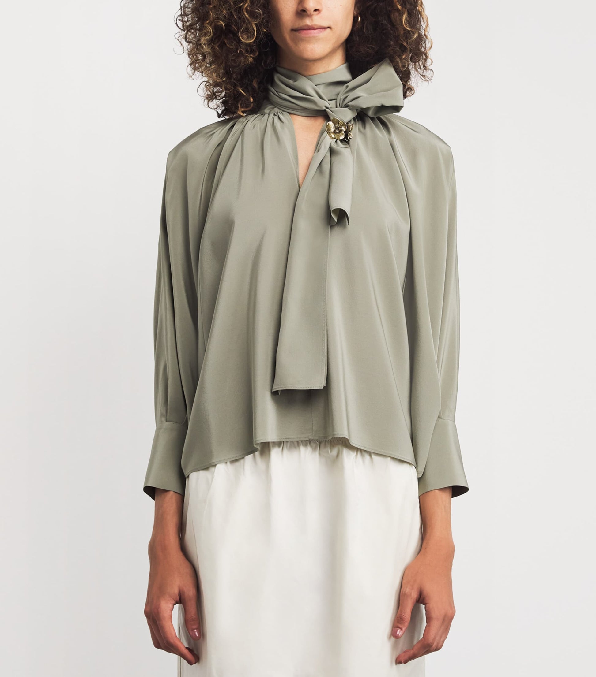 Max Mara Green Silk Tie-Neck Blouse