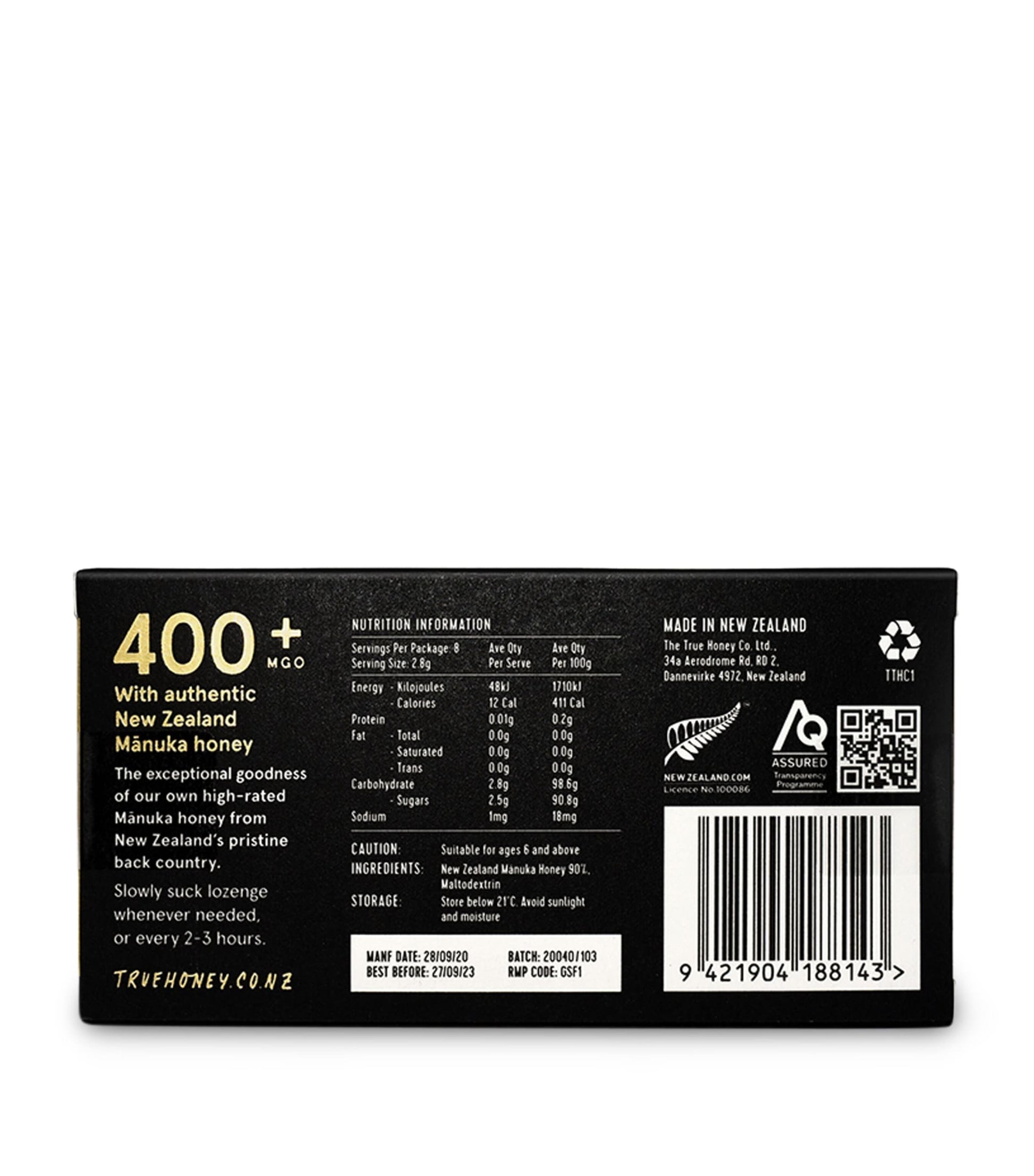 The True Honey Co 400+ MGO Manuka Honey Lozenges (8 x 2.8g)