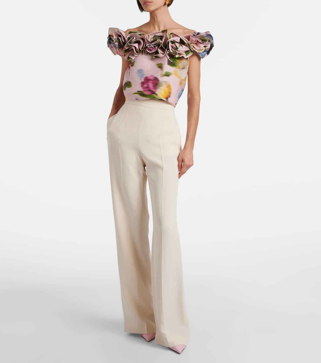 Carolina Herrera - Floral off-shoulder linen and silk top