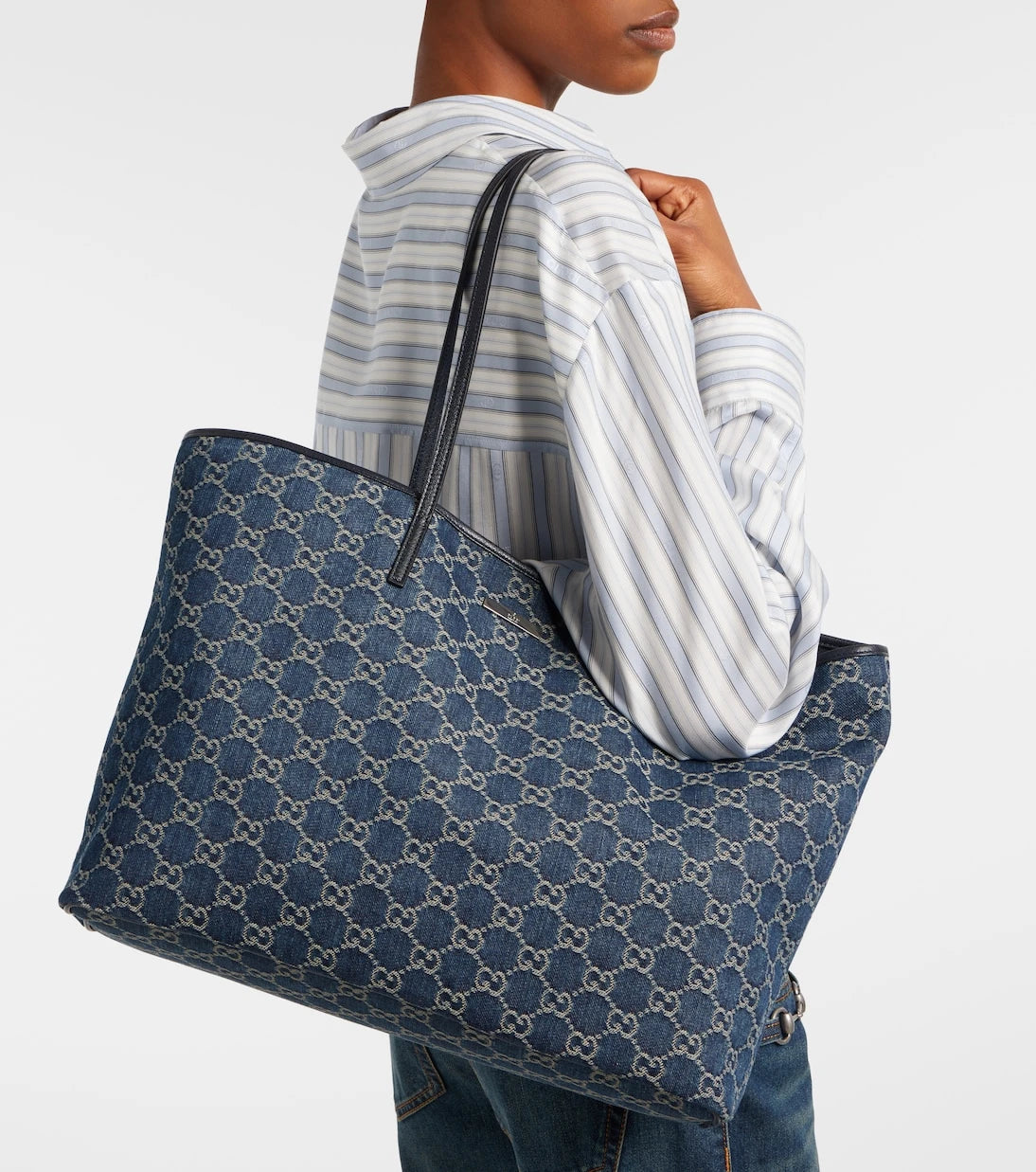 Gucci - Essence Large leather-trimmed denim tote bag
