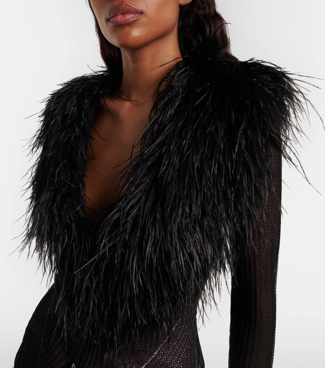 Blumarine - Feather-trimmed ribbed-knit cardigan