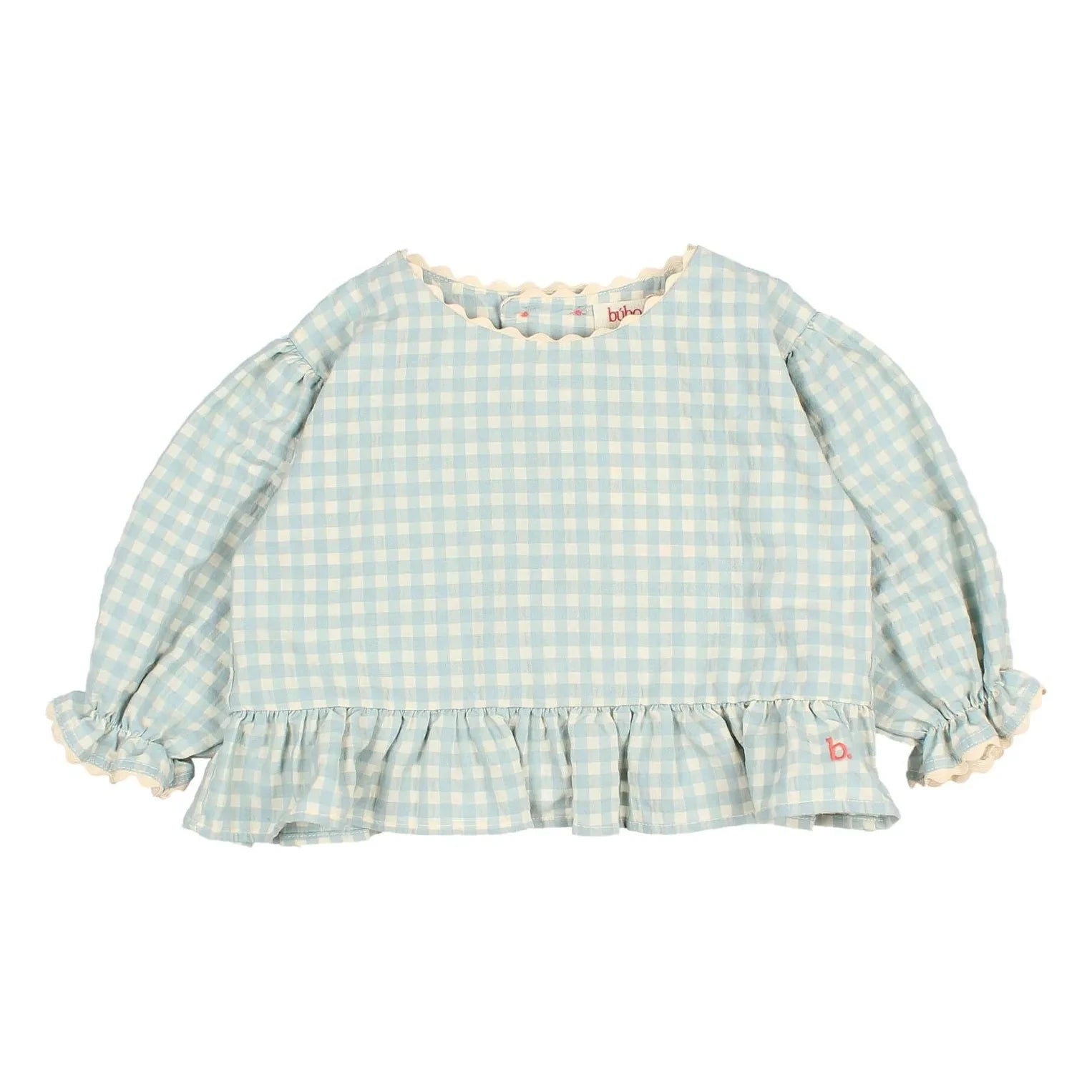 Búho - 3/4 Sleeve Gingham Seersucker Blouse | Aqua