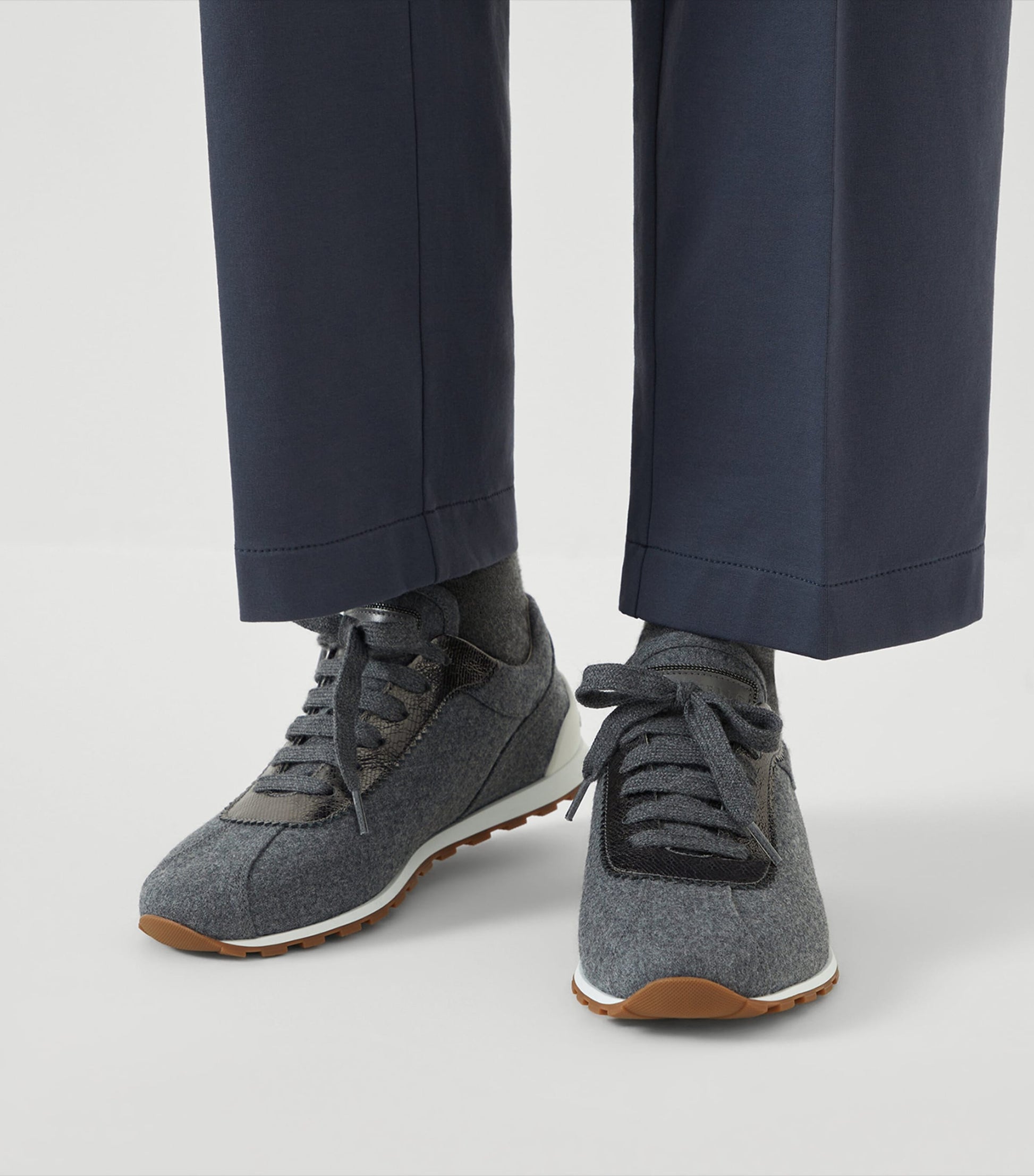 Grey Wool Leather-Trim Sneakers