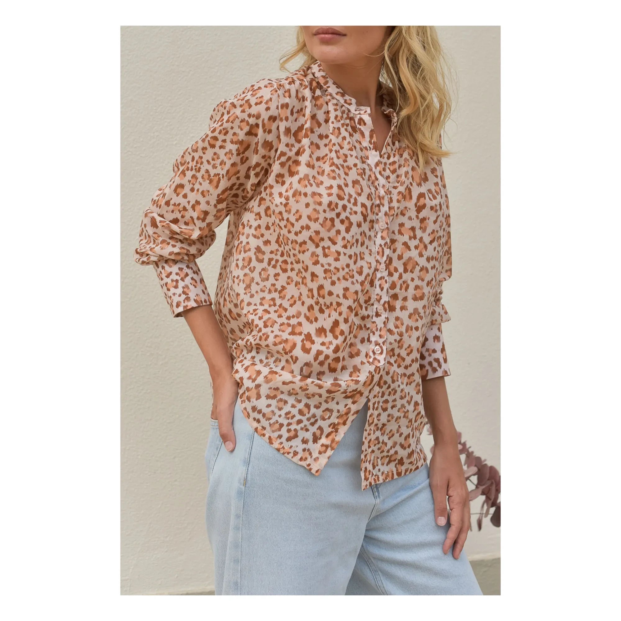 Marlot Paris - Michelle Leopard Cotton Voile Blouse - Women's Collection | Pale Pink