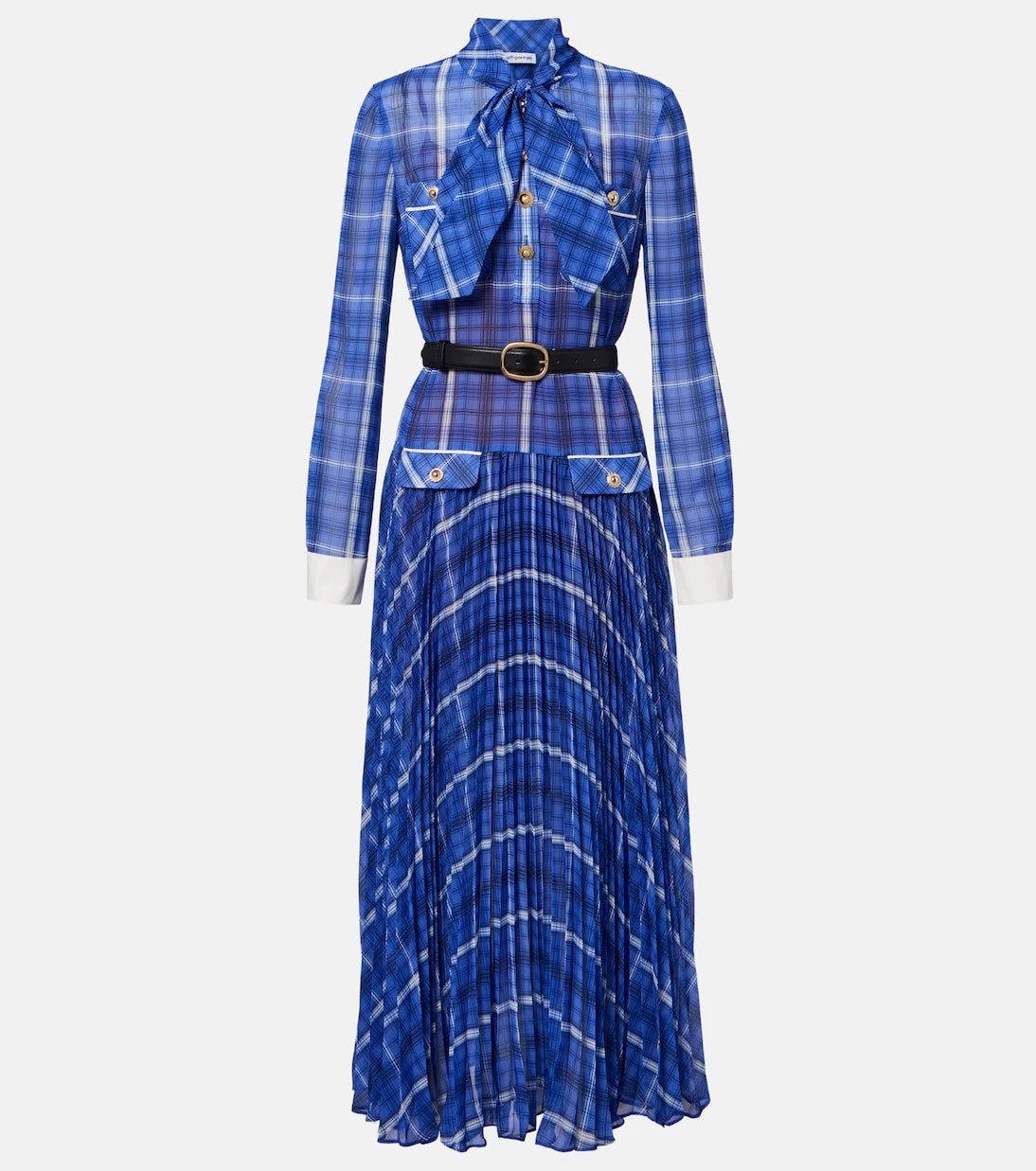 Self-Portrait - Belted checked chiffon midi dress