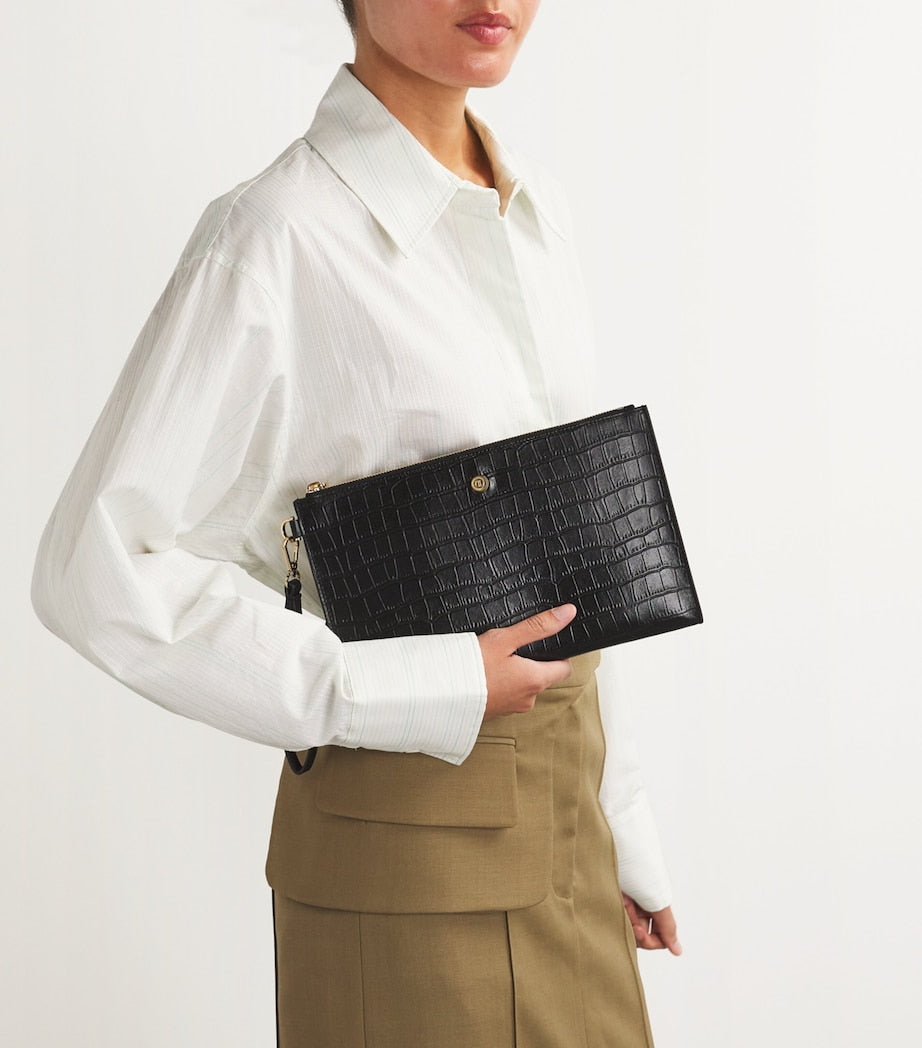 Black Medium Croc-Embossed Leather Pouch