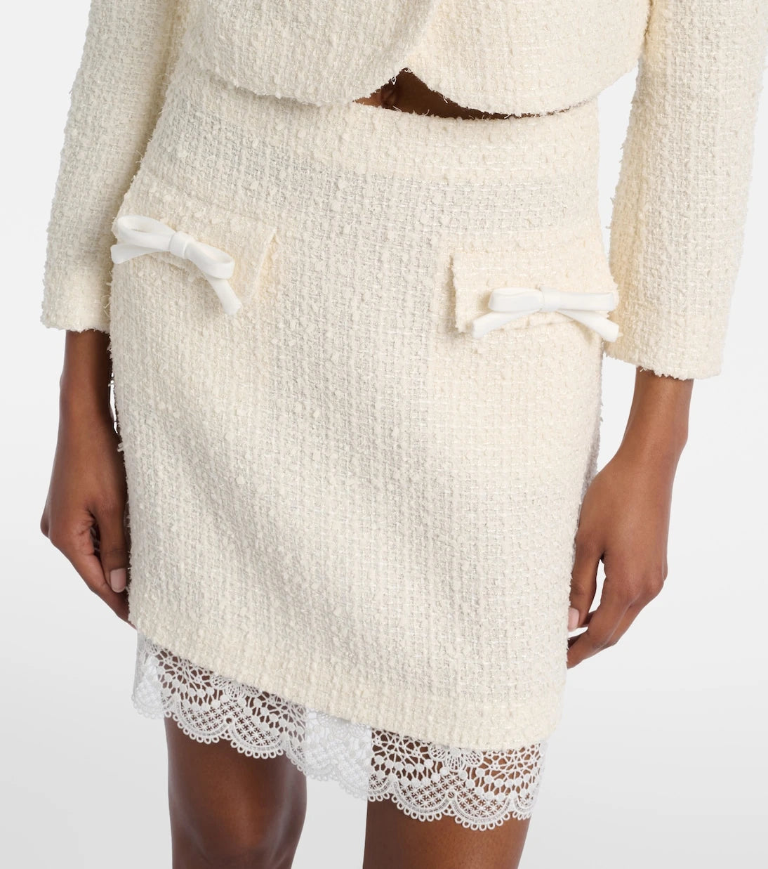 Self-Portrait - Lace-trimmed bouclé miniskirt
