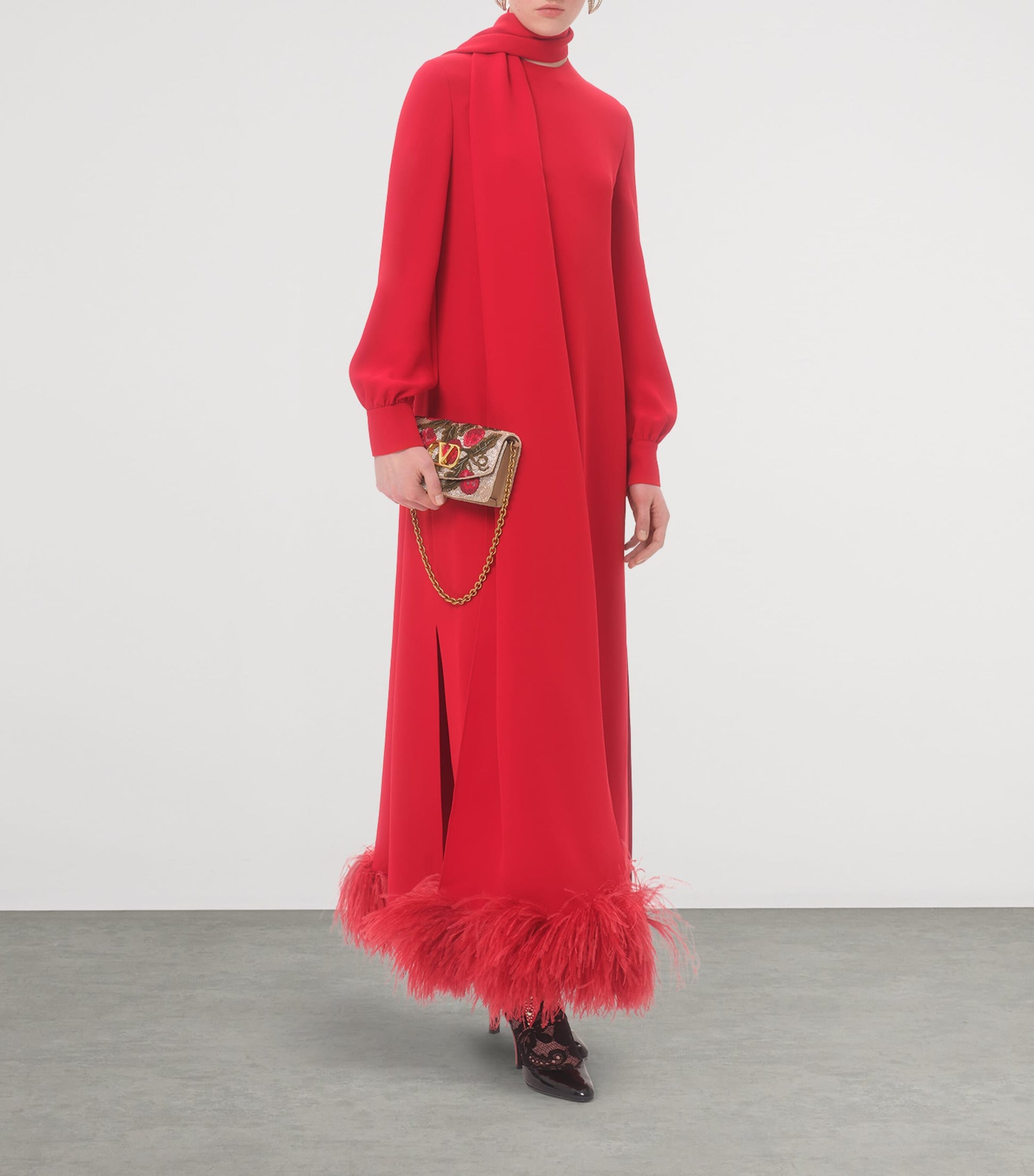 Valentino Red Silk Feather-Trim Maxi Dress