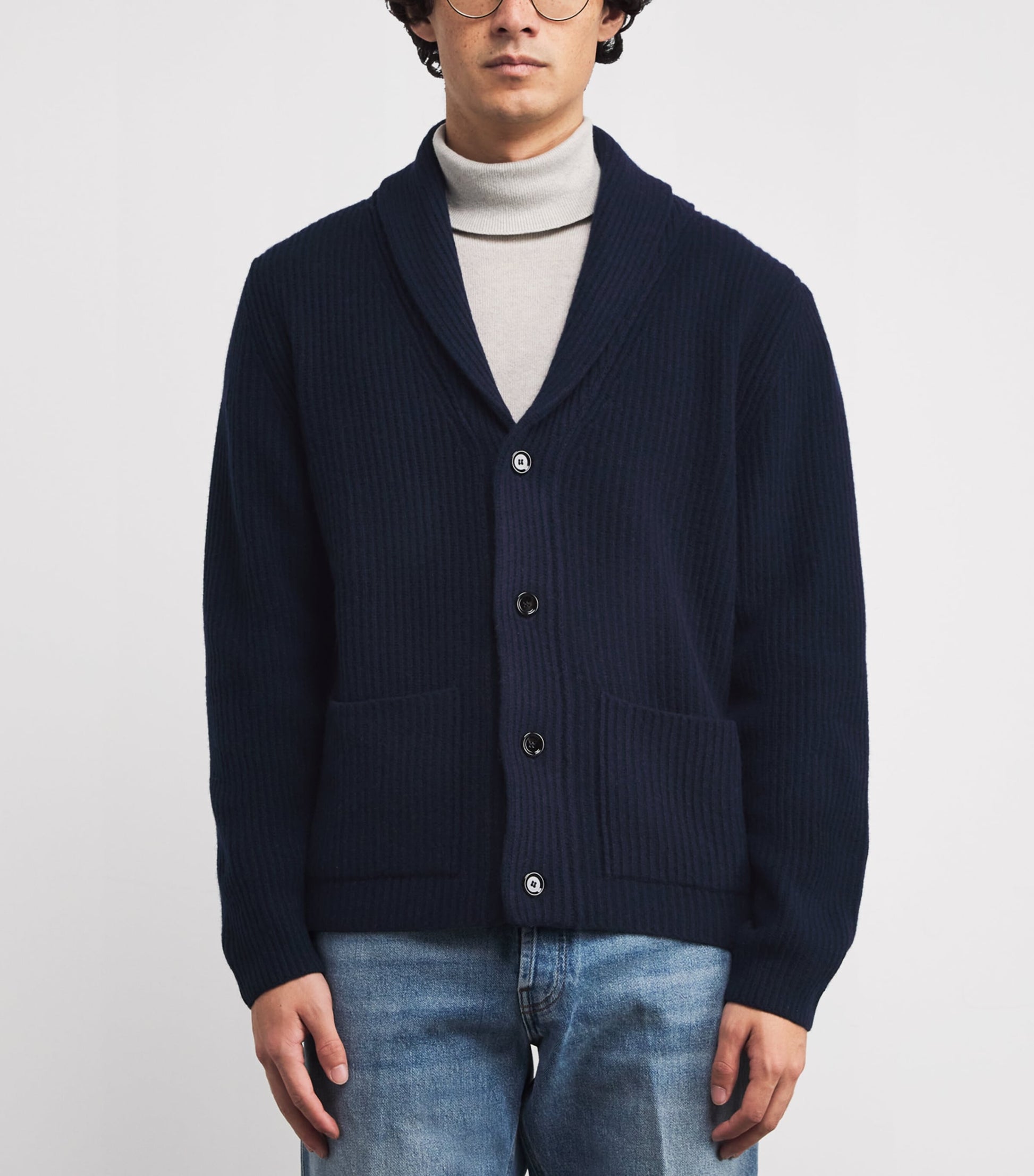 Navy Wool-Cashmere Shawl-Collar Cardigan