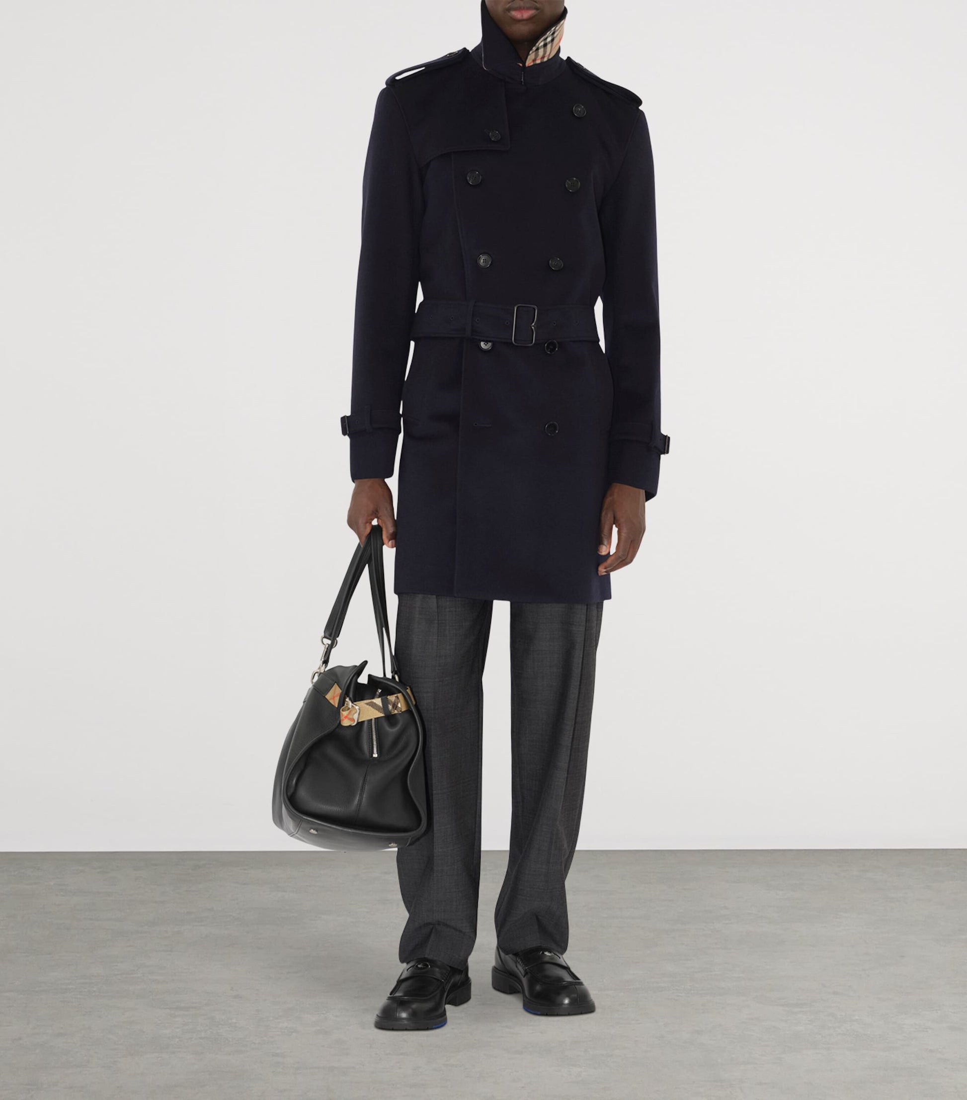 Navy Cashmere Mid-Length Trench Coat
